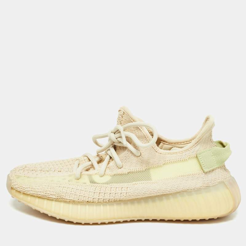 Pre Owned Yeezy x Adidas Beige Knit Fabric Boost-350-v2-Flax Sneakers Size 39.5