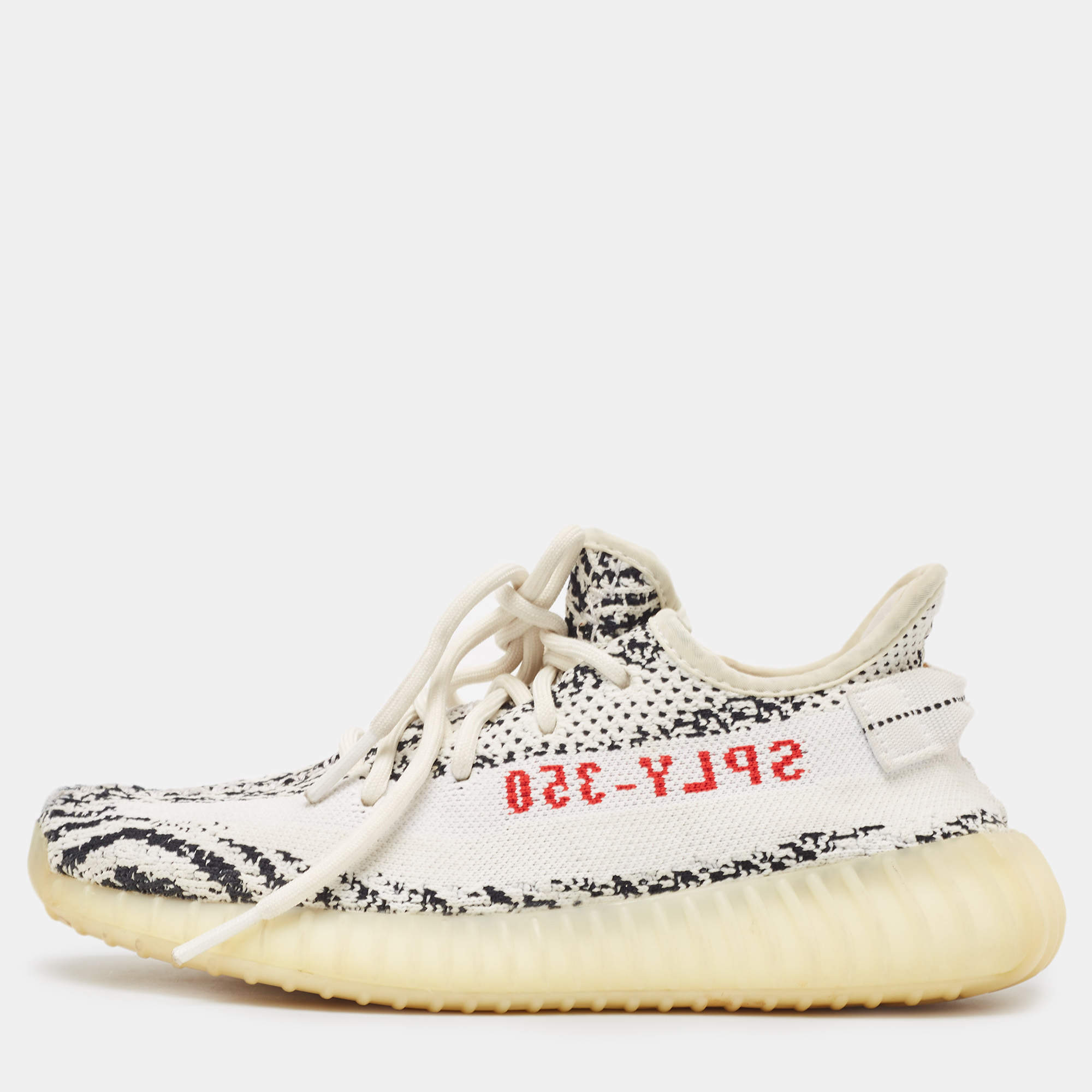 Pre Owned Yeezy x Adidas White/Black Knit Fabric Boost 350 V2 Zebra Sneakers Size 39 1/3