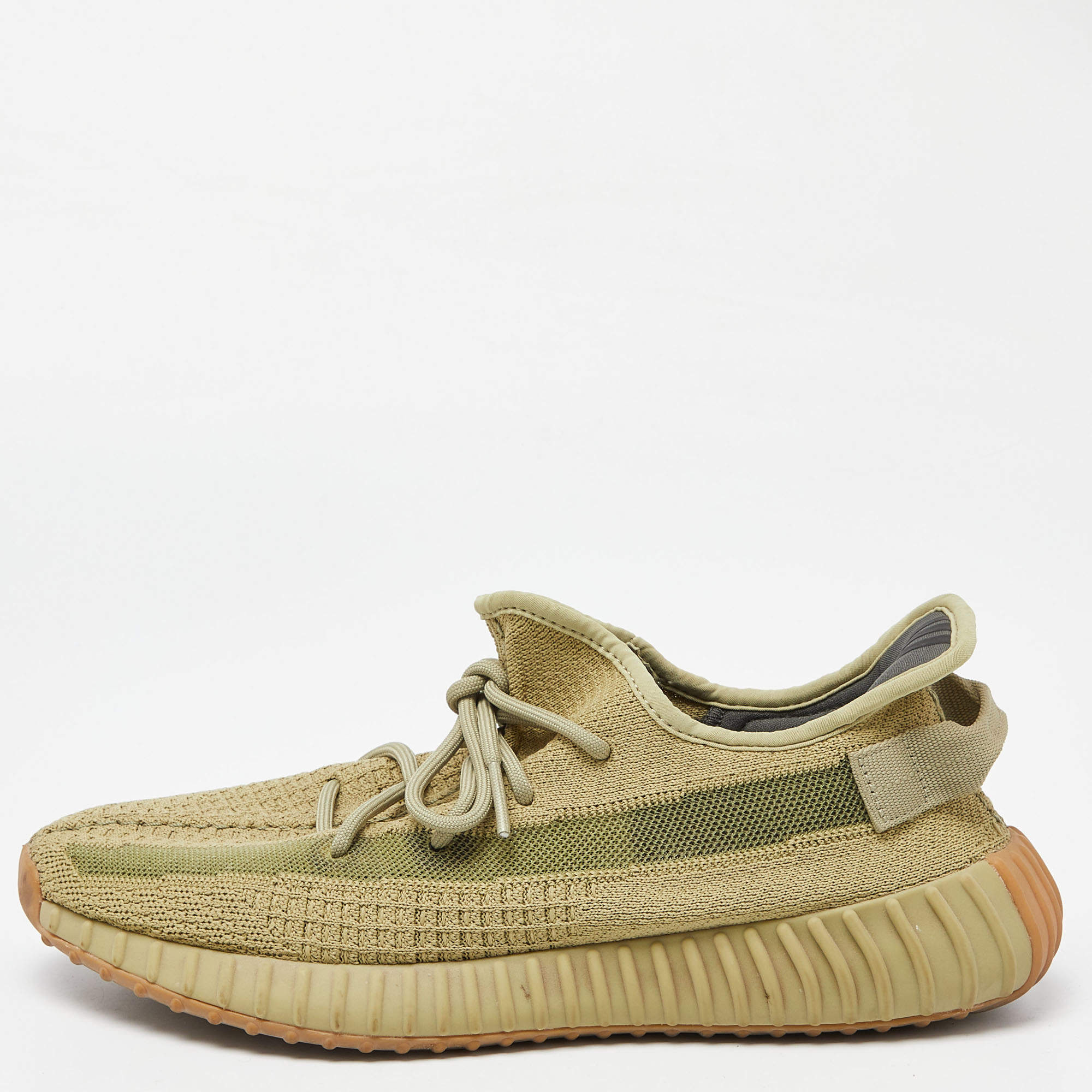 Pre Owned Yeezy x Adidas Green Knit Fabric Boost 350 V2 Sulfur Sneakers Size 44 2/3