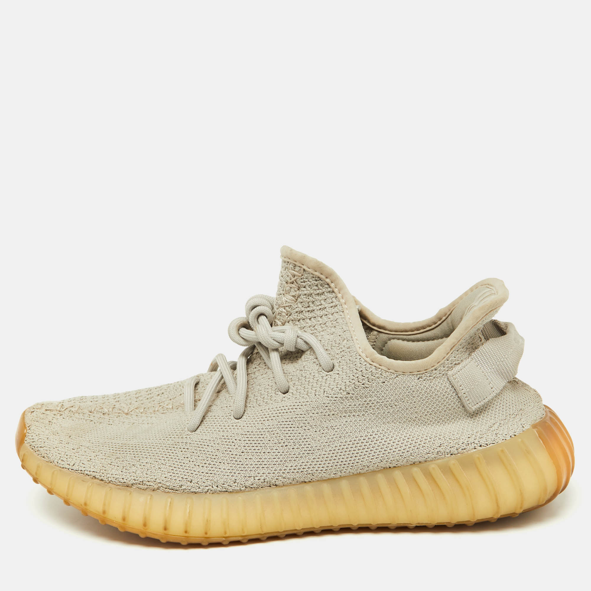 Pre Owned Yeezy x Adidas Light Grey Knit Fabric Boost 350 V2 Sesame Low-Top Sneakers Size 43 1/2