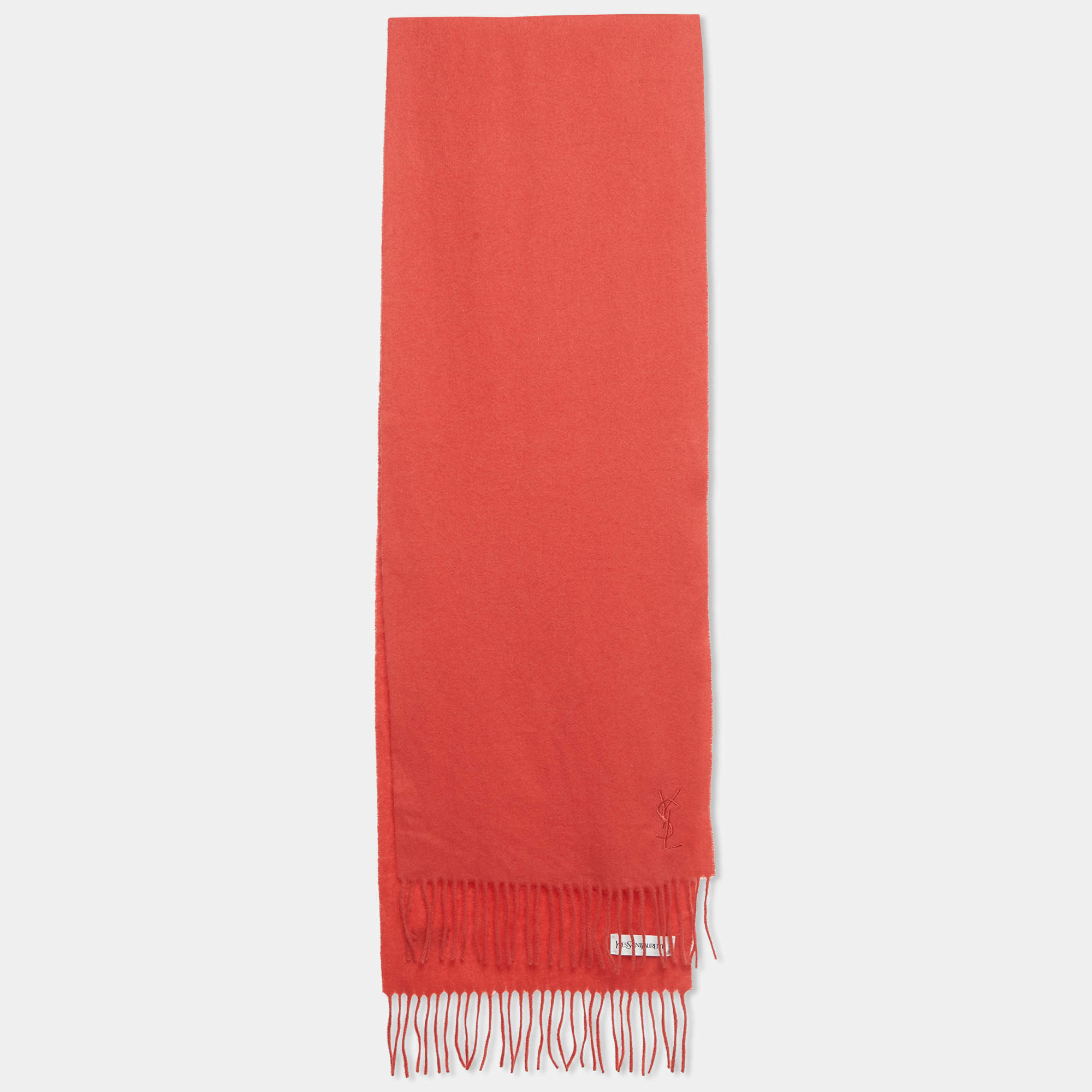 Pre Owned Yves Saint Laurent Peach Red Wool Fringed Muffler 