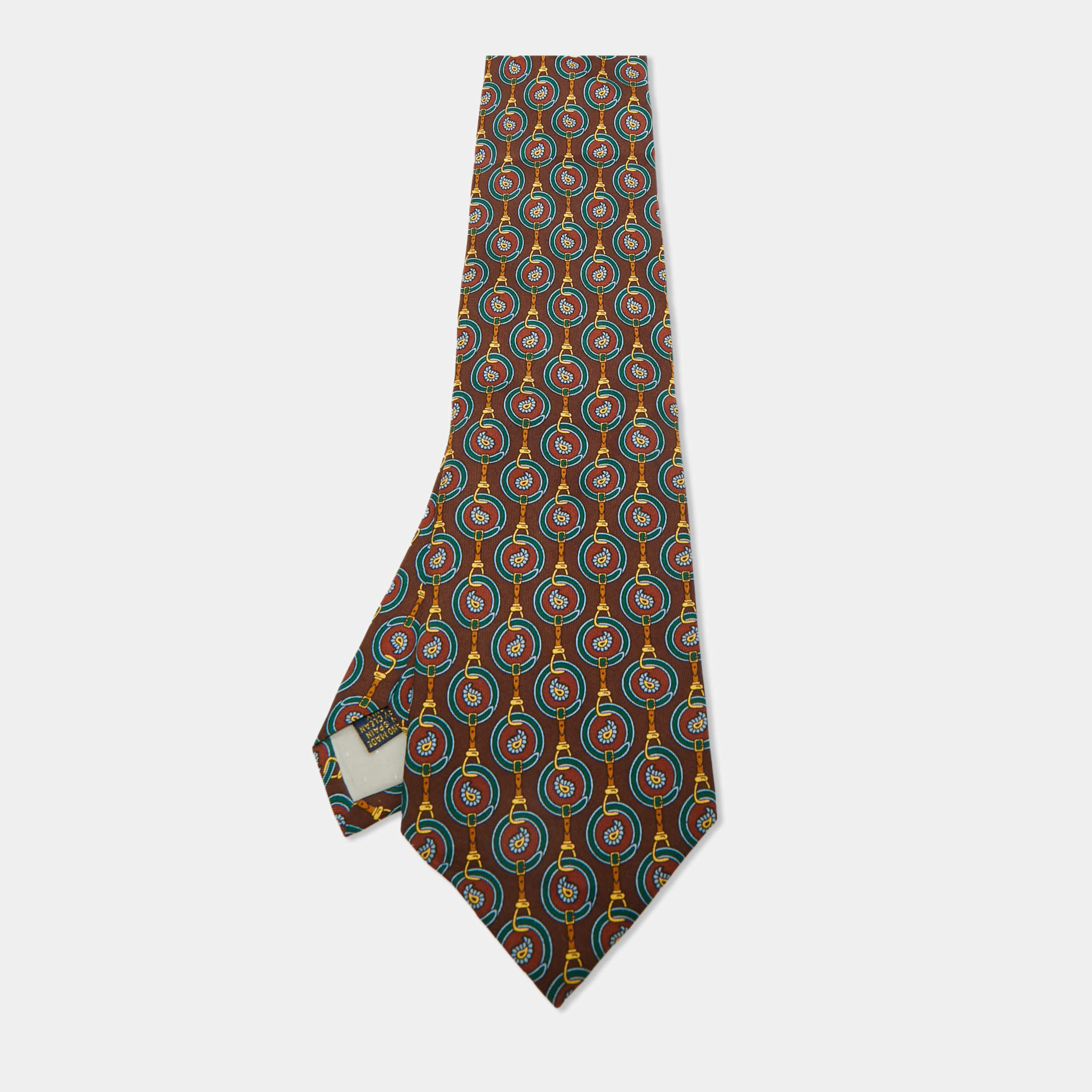 Pre Owned Yves Saint Laurent Vinatge Brown Printed Silk Traditional Tie 