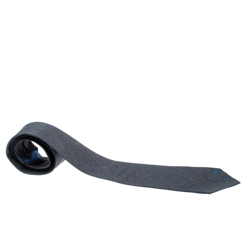 Yves Saint Laurent Grey Silk Embroidered Safety Pin Detail Tie