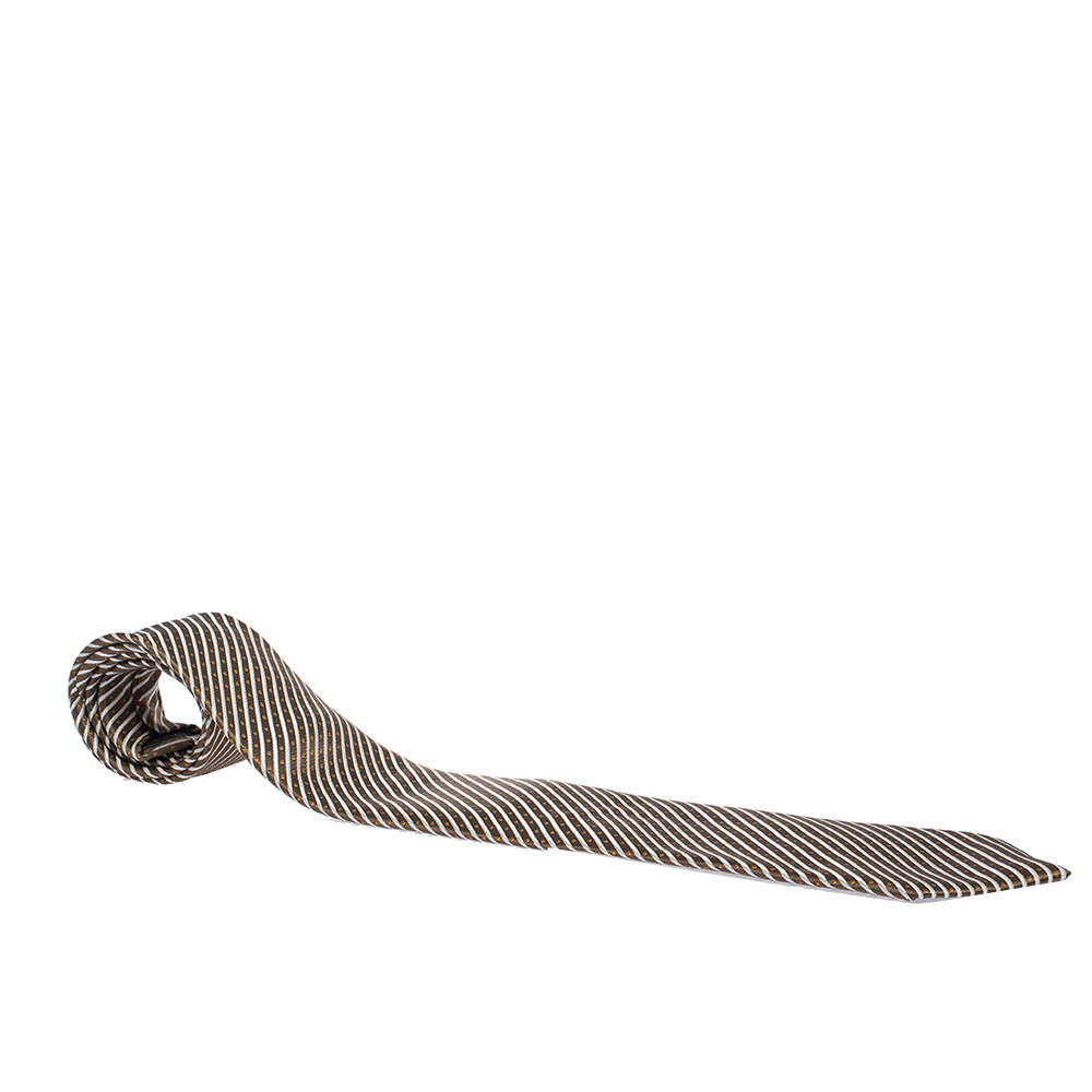 Pre Owned Yves Saint Laurent Light Brown Diagonal Striped Silk Jacquard Traditional Tie 