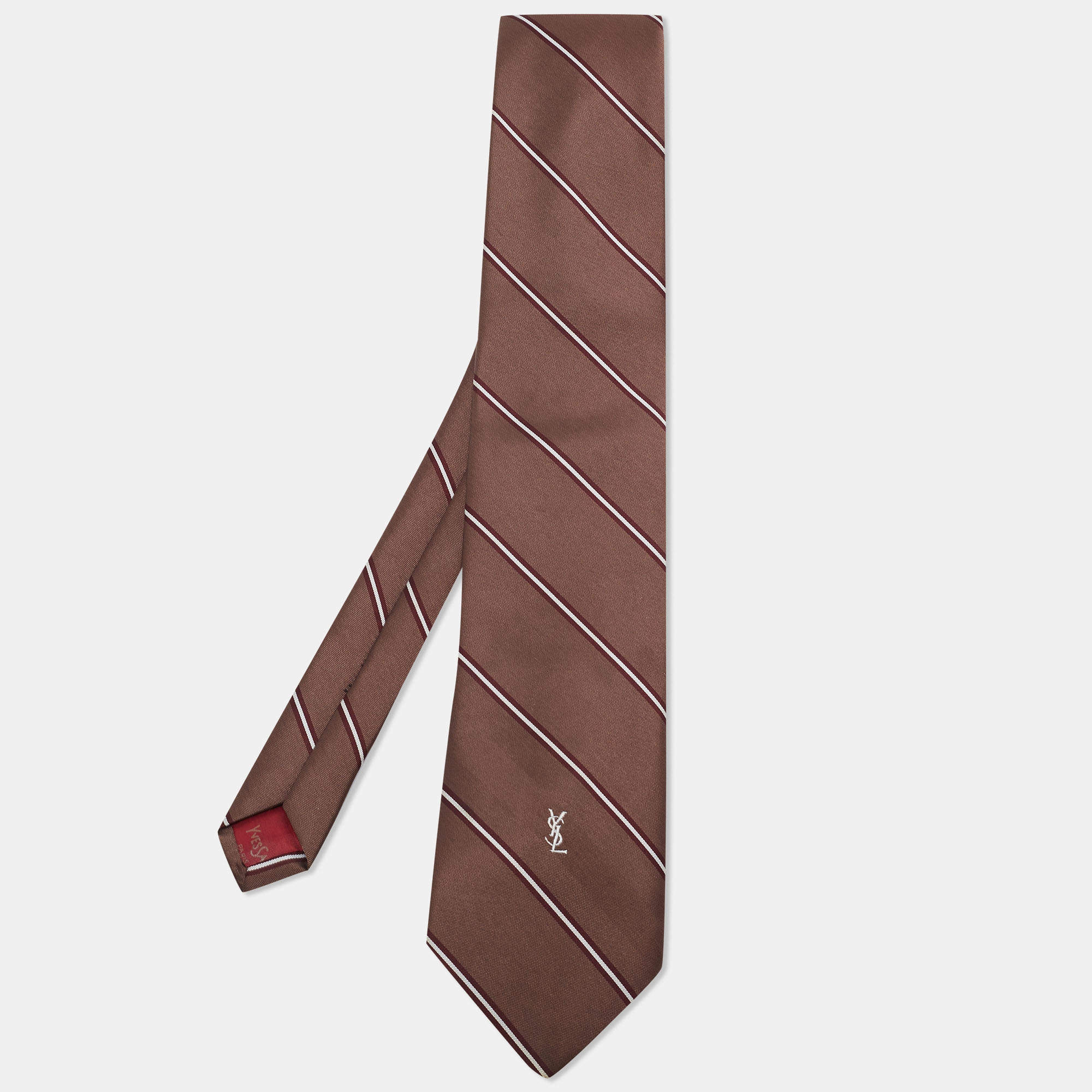 Pre Owned Yves Saint Laurent Vintage Brown Patterned Jacquard Silk Tie