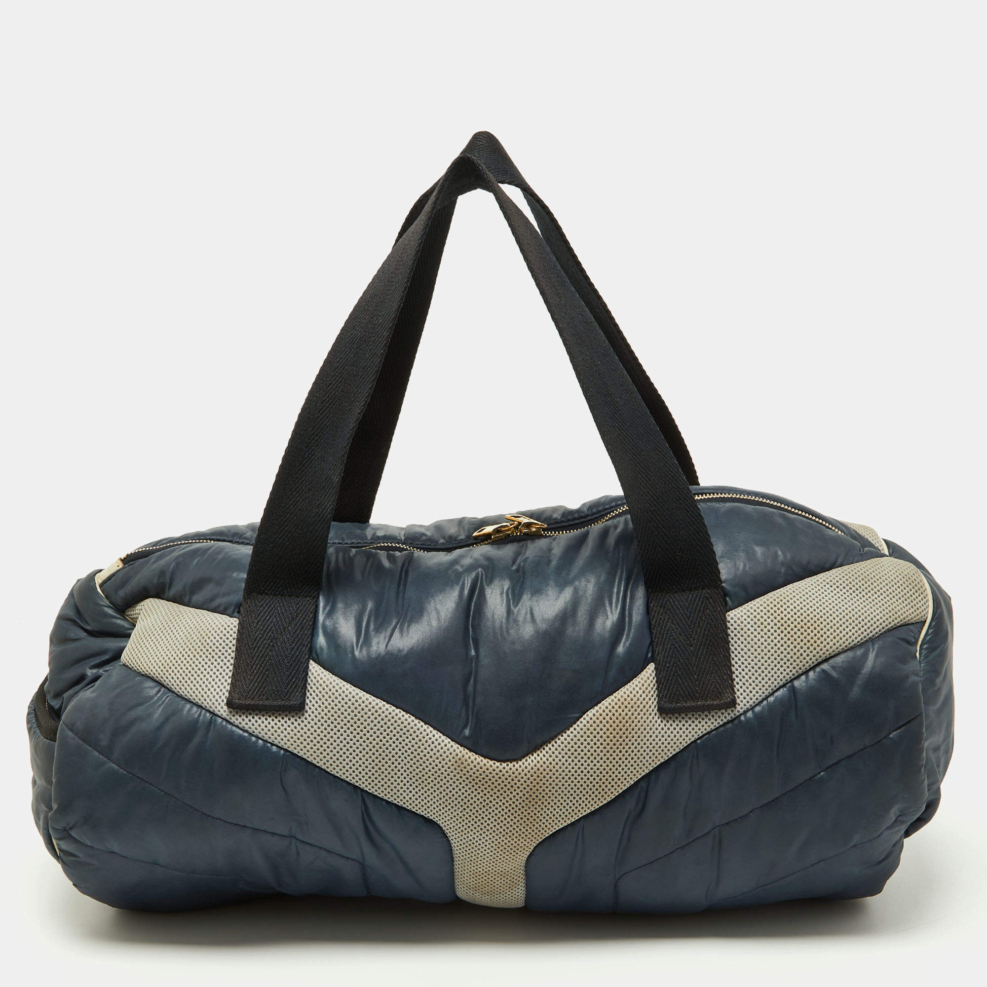 Pre Owned Yves Saint Laurent Navy Blue Satin and Knit Fabric Duffel Bag
