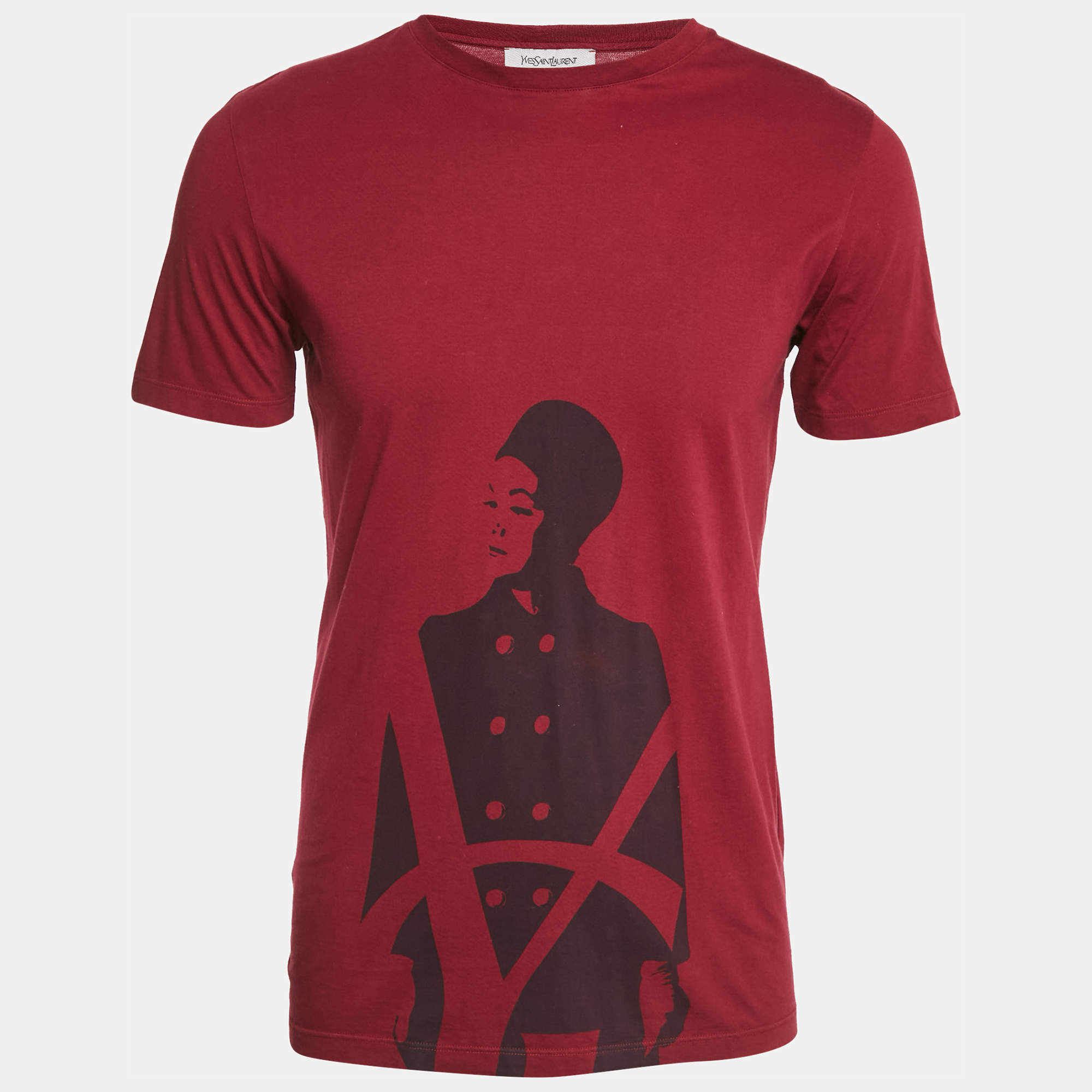 Pre Owned Yves Saint Laurent Vintage Red Printed Cotton Crew Neck T-Shirt S