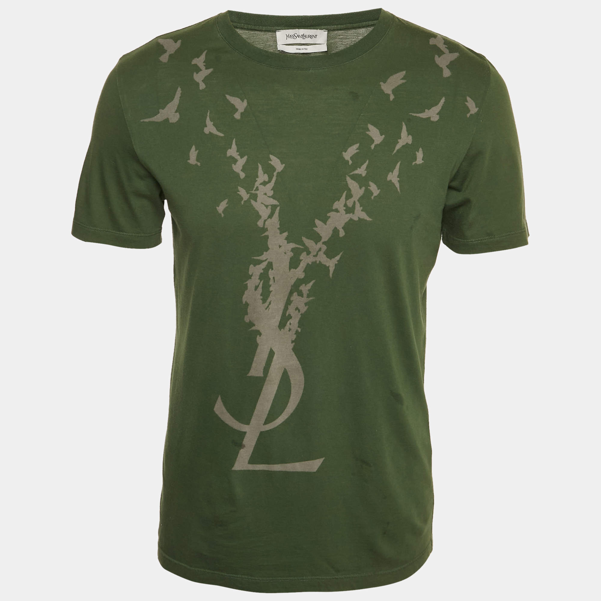 Pre Owned Yves Saint Laurent Paris Green Printed Jersey Crewneck T-Shirt S