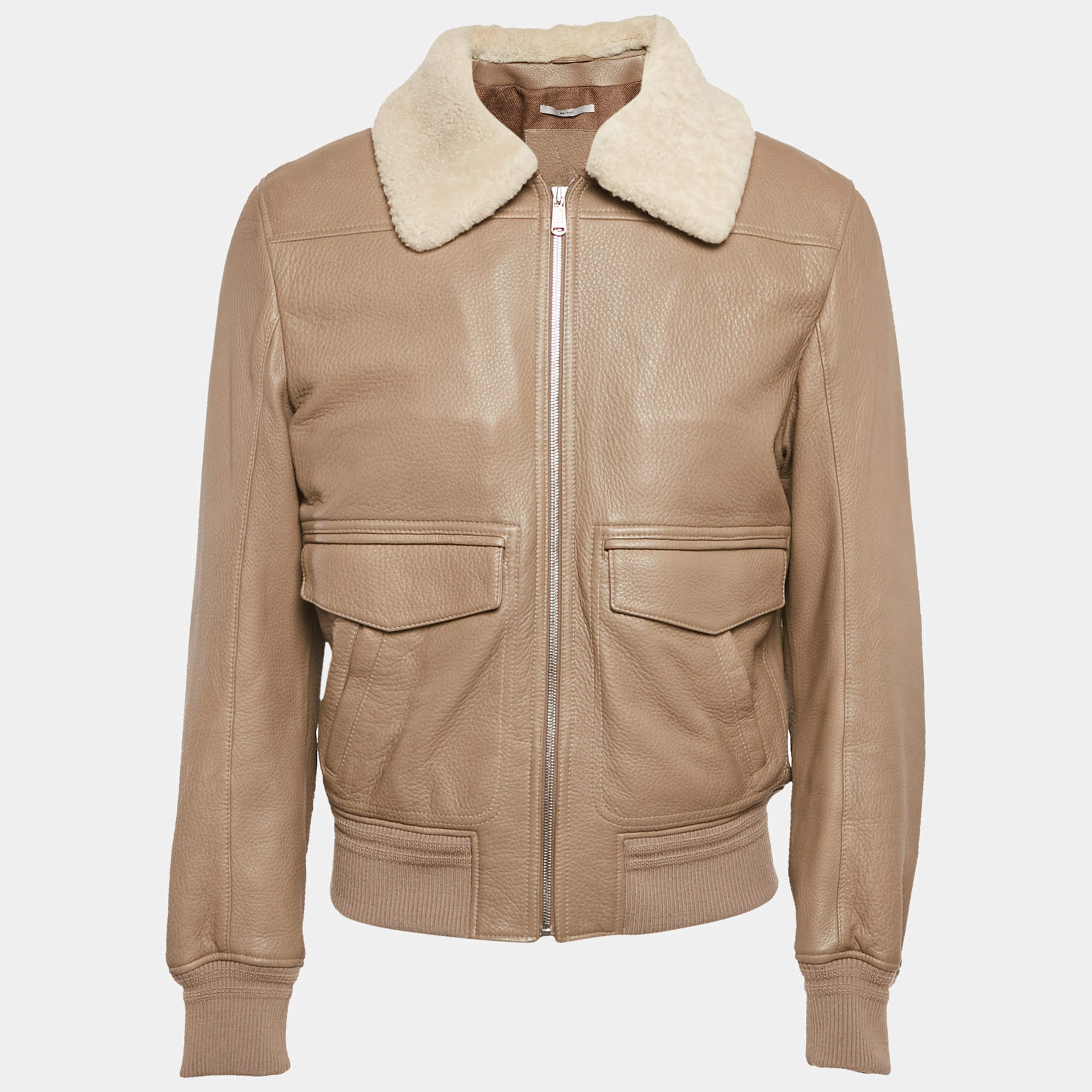 Pre Owned Saint Laurent Tan Leather Shearling Bomber Jacket XL