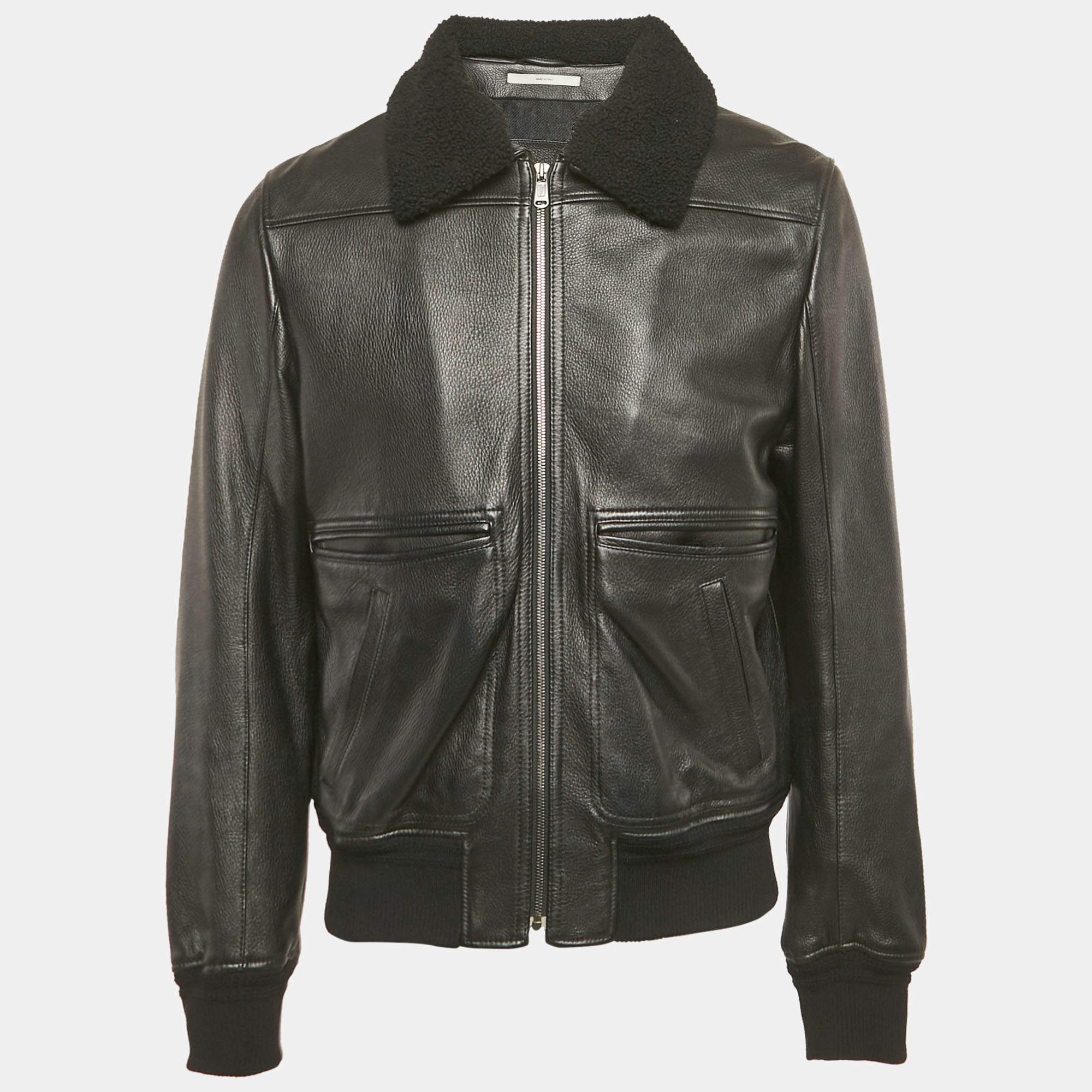 Pre Owned Saint Laurent Paris Black Shearling Trim Leather Jacket XL