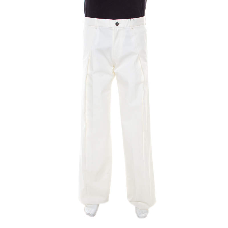 Saint Laurent Paris Off White Cotton Pleat Front Tailored Trousers S