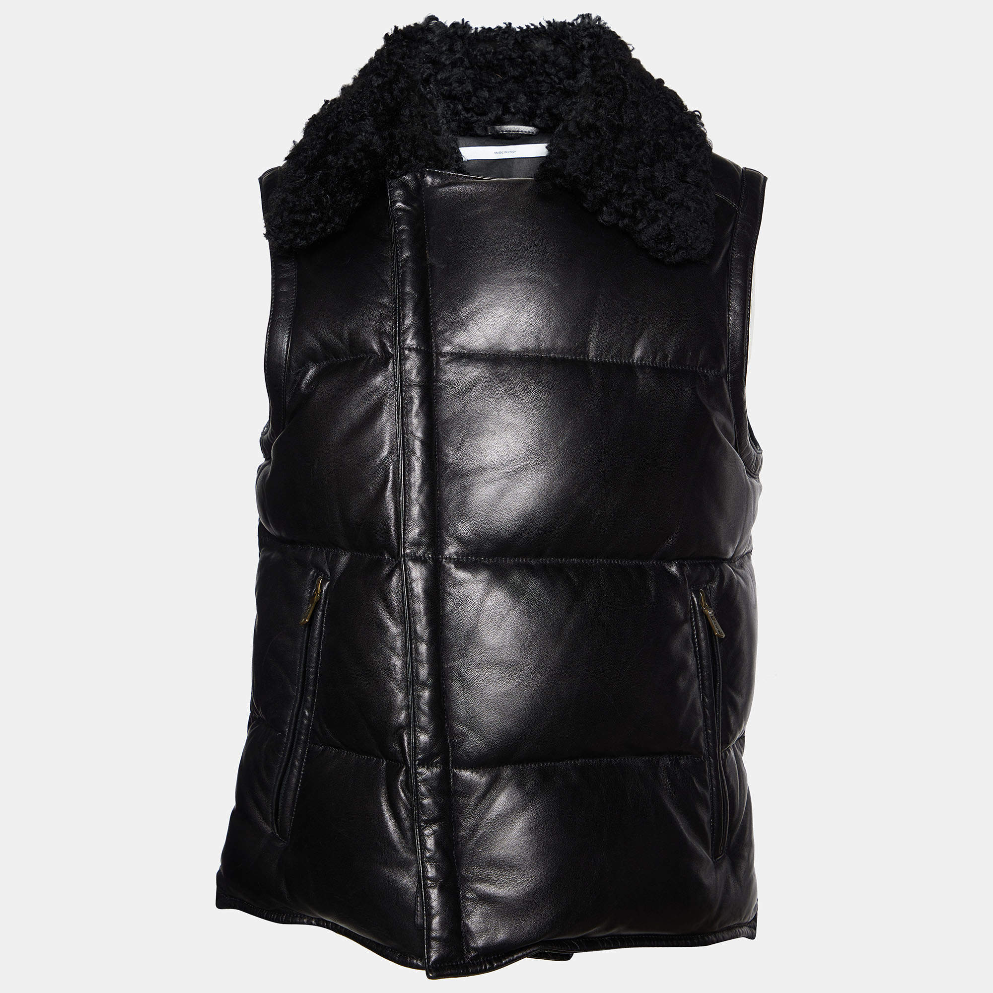 Yves Saint Laurent Black Leather Fur Collar Sleeveless Jacket S