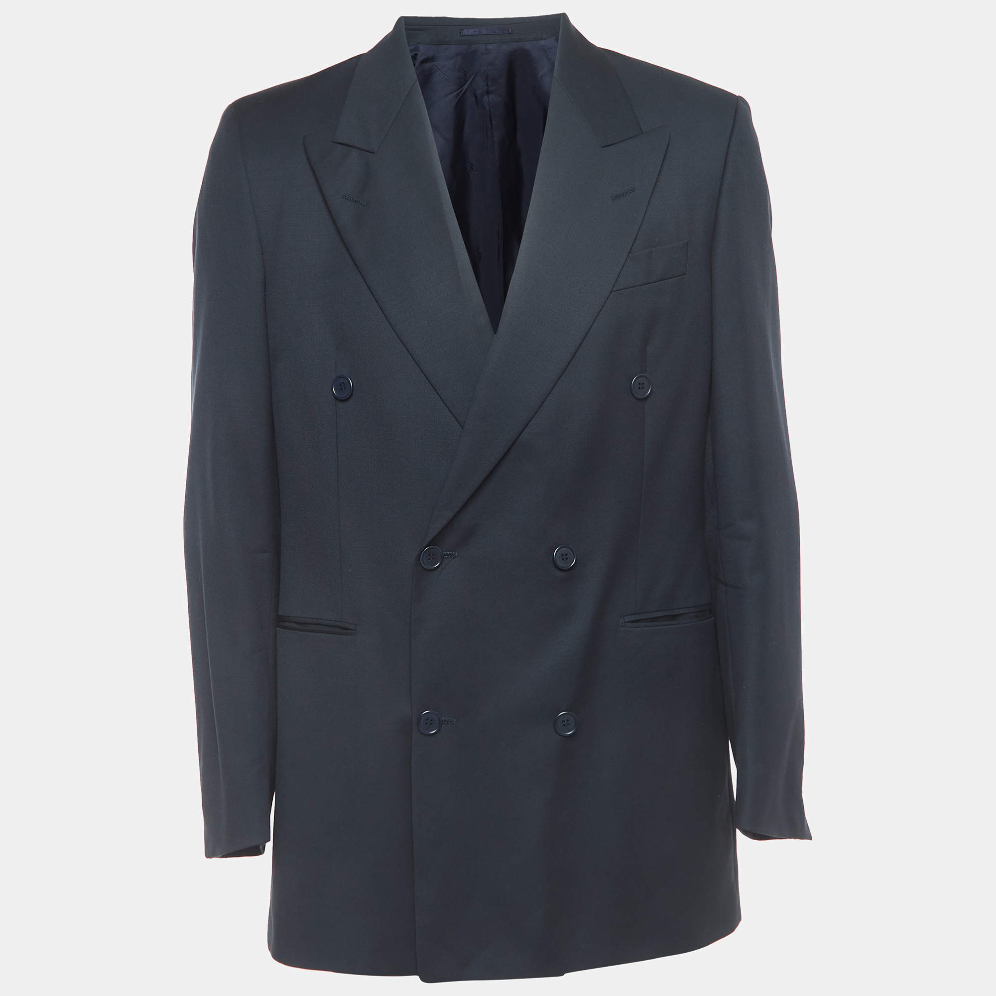 Pre Owned Yves Saint Laurent Navy Blue Wool Double Breasted Blazer L