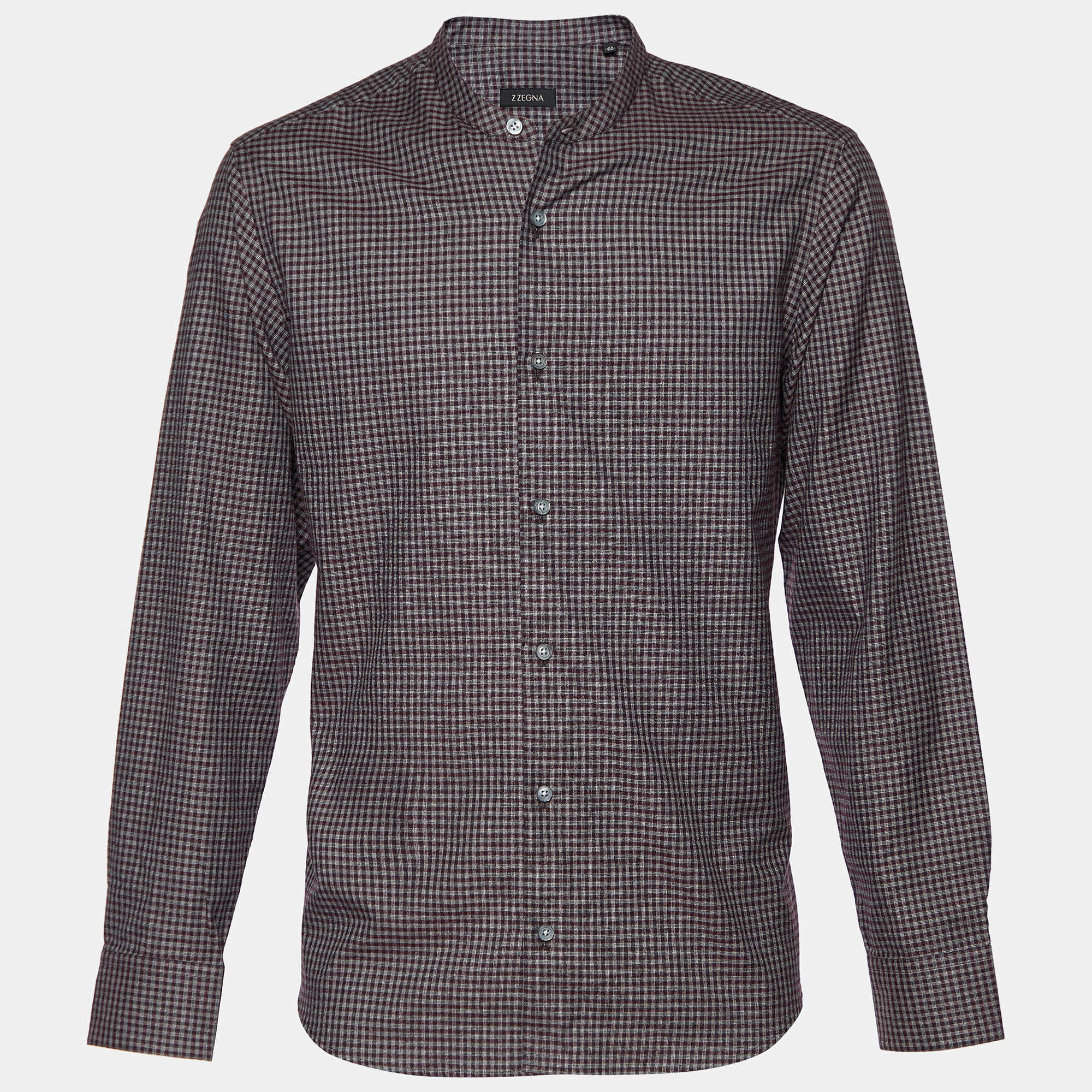 Z Zegna Maroon & Black Checked Cotton Tailored Fit Shirt L