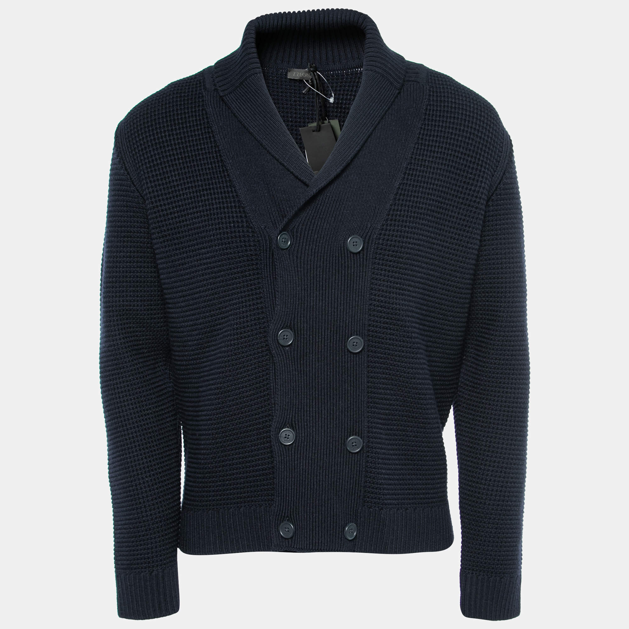 Z Zegna Navy Blue Wool Knitted Double-Breasted Cardigan M
