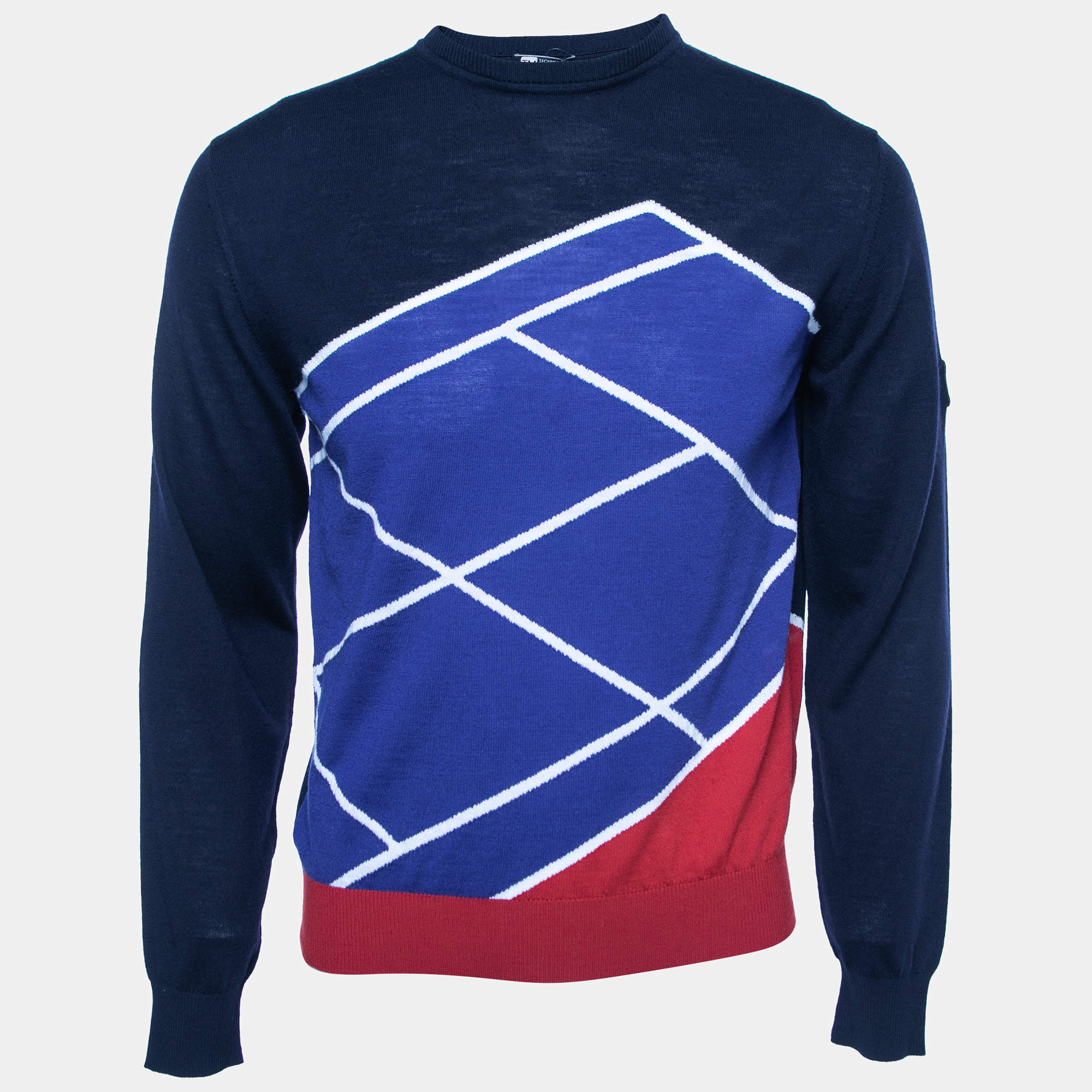 Z Zegna Navy Blue Patterned Wool Crewneck Techmerino Sweater S