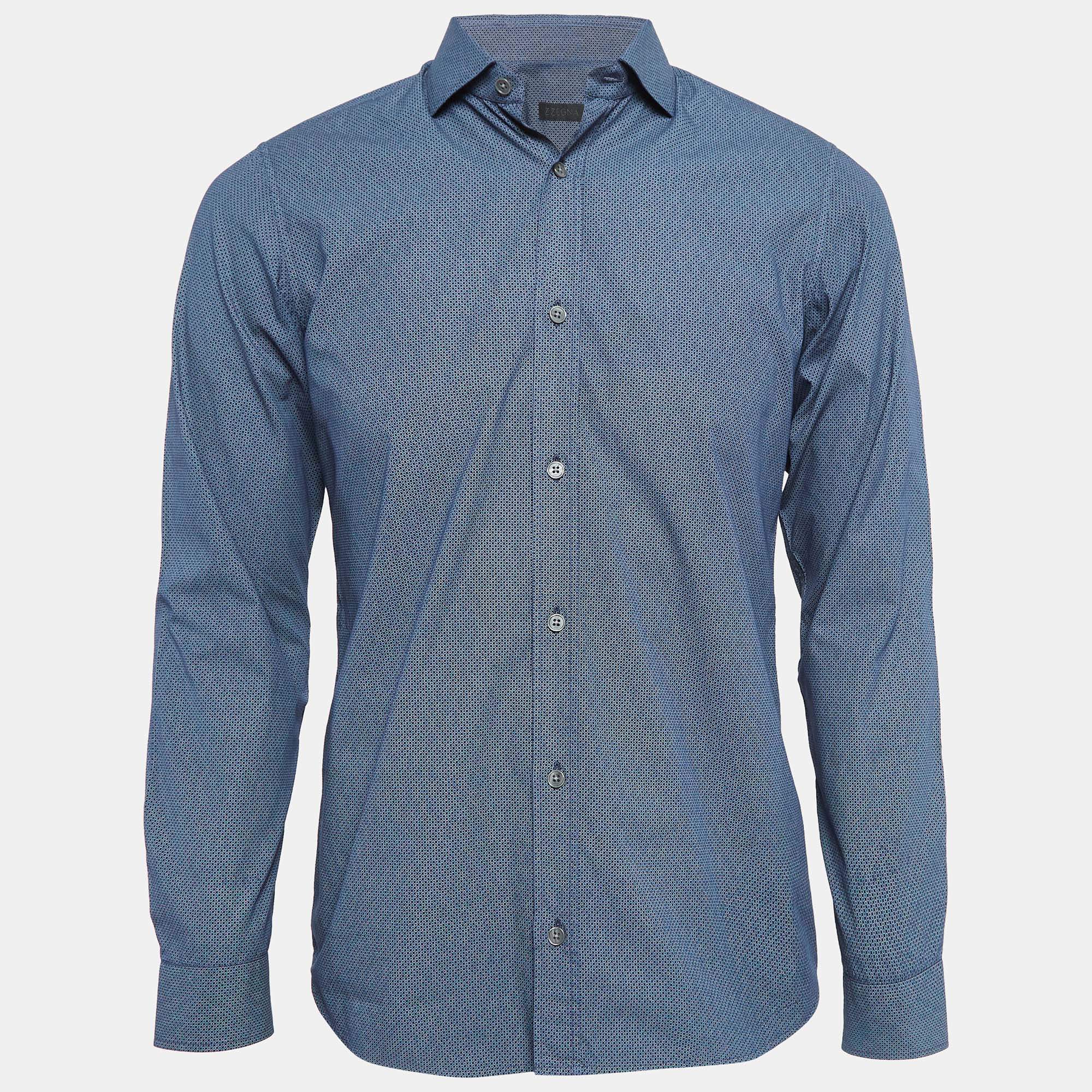 Z Zegna Blue Printed Cotton Button Front Shirt S