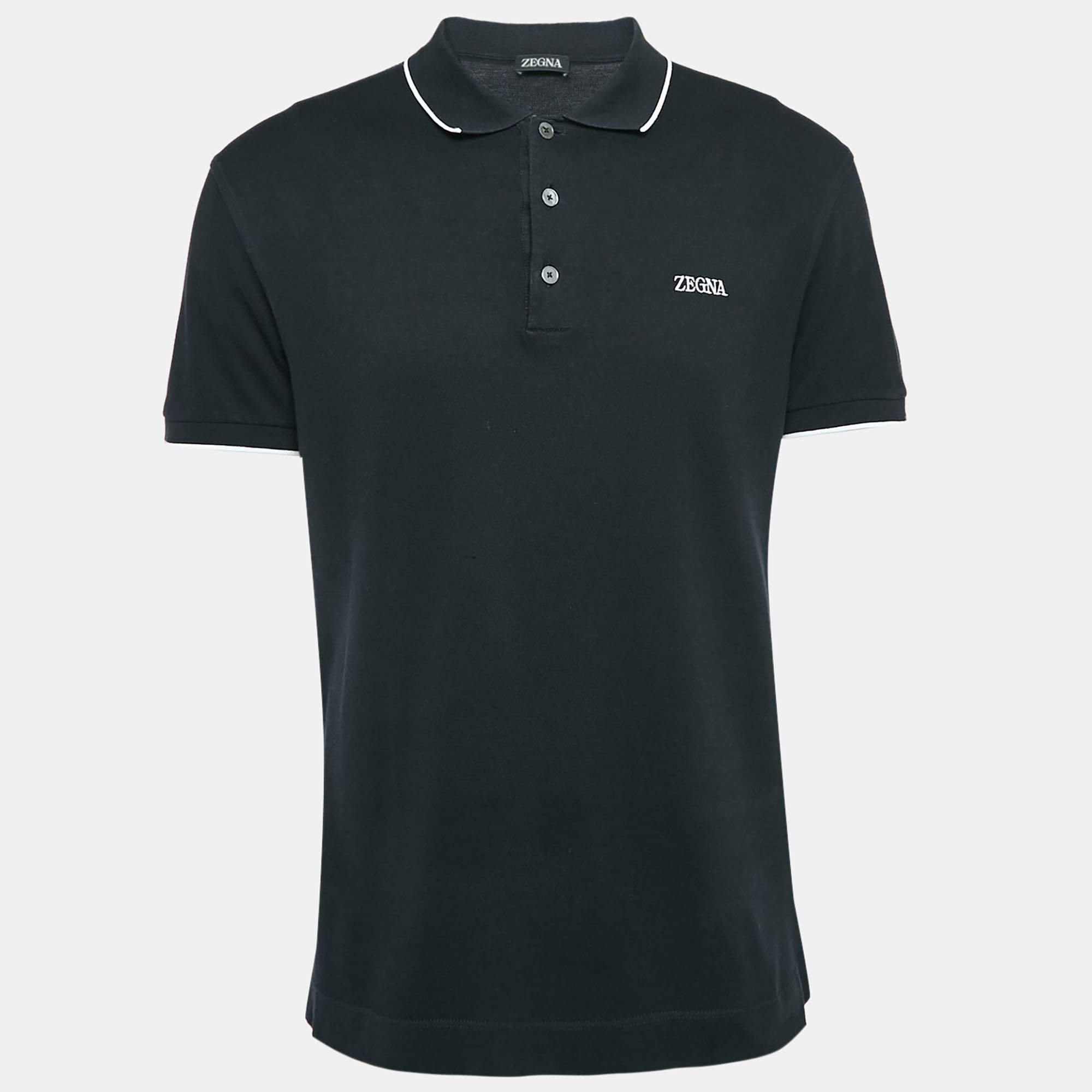 Pre Owned Z Zegna Black Logo Embroidered Cotton Knit Polo L