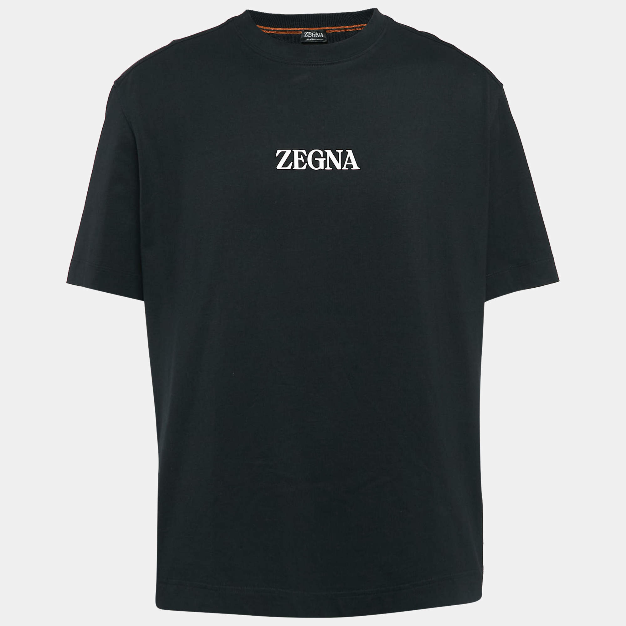 Pre Owned Zegna Black Logo Print Jersey Crew Neck -Shirt XXL