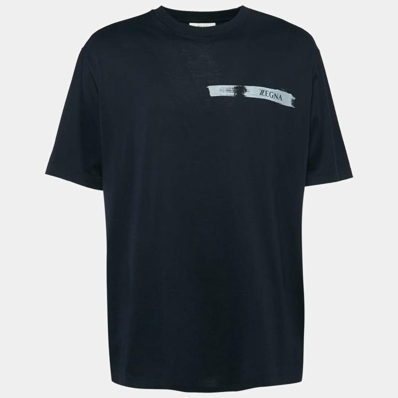 Pre Owned Z Zegna Navy Blue Logo Print Cotton Short Sleeve T-Shirt L