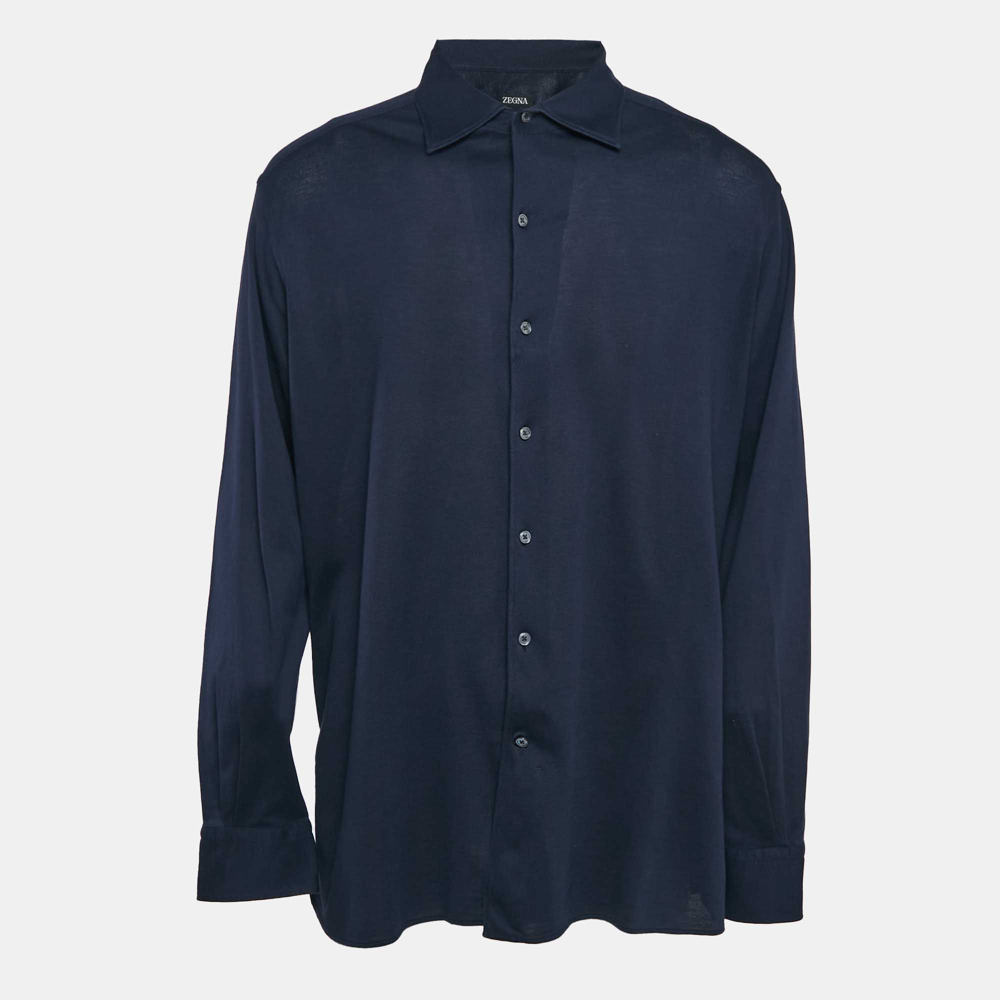 Z Zegna Navy Blue Textured Cotton Long Sleeve Shirt XXL