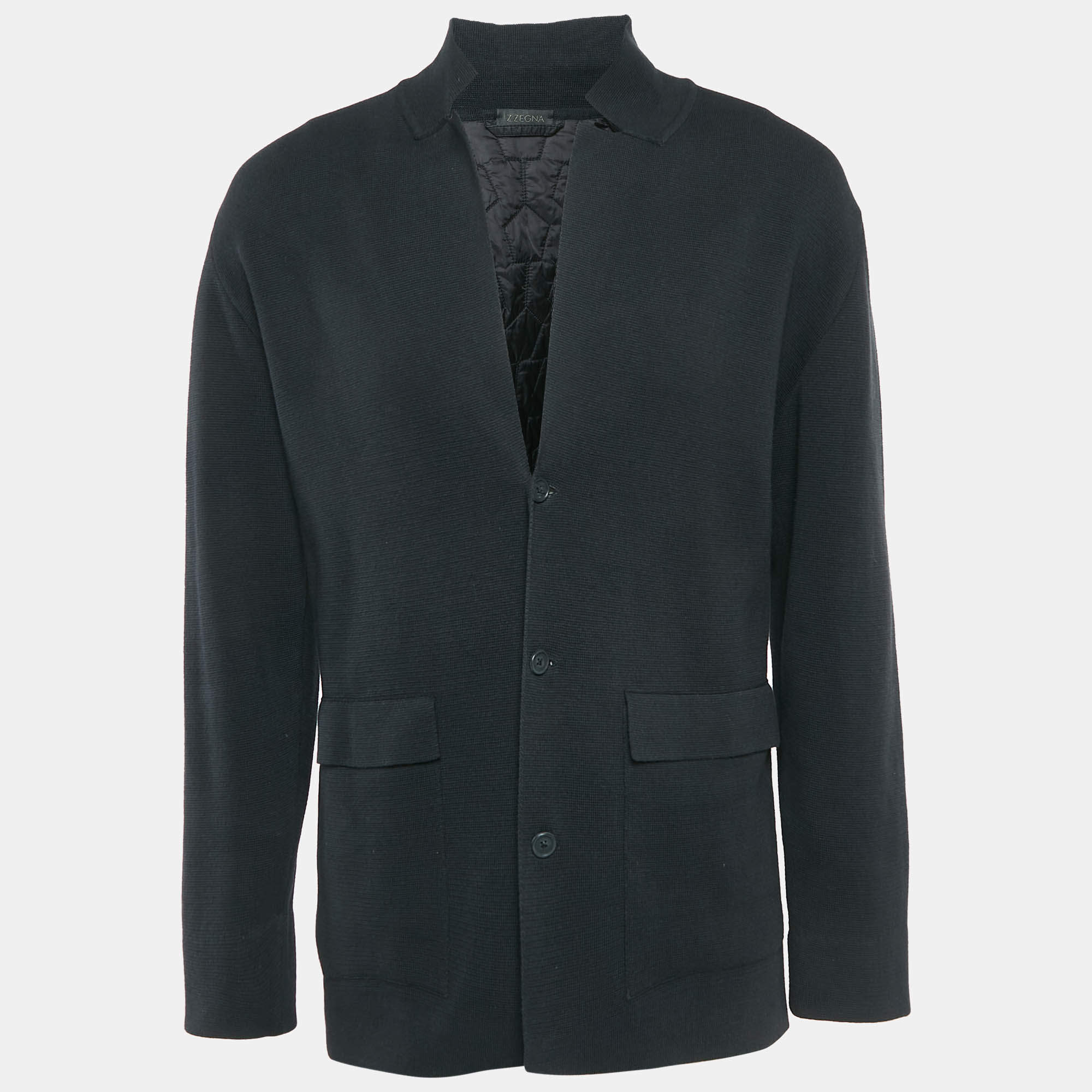 Z Zegna Black Knit and Nylon Button Front Jacket XL