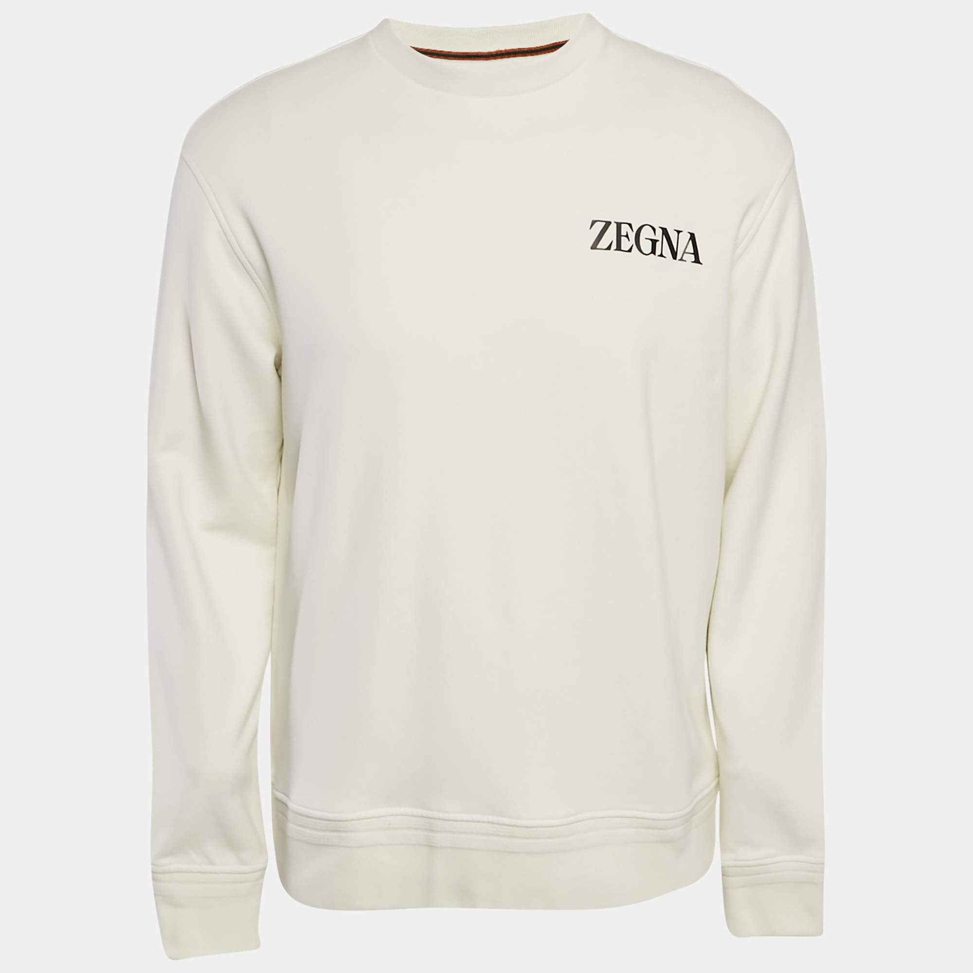 Pre Owned Zegna Off-White Logo Print Cotton Knit Jumper M