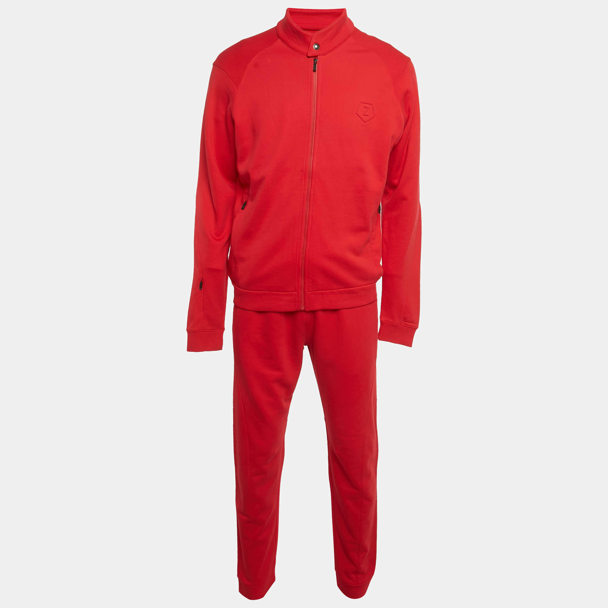 Pre Owned Z Zegna Red Cotton Knit Logo Embossed Set L/M