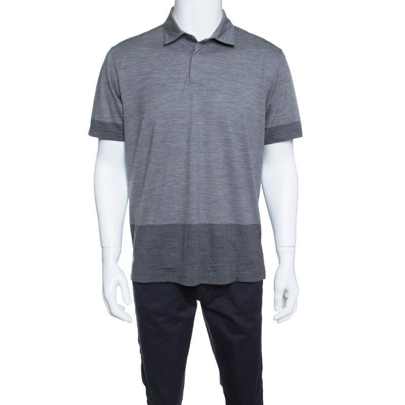 Pre Owned Z Zegna Techmerino Grey Contrast Trim Polo T-Shirt L