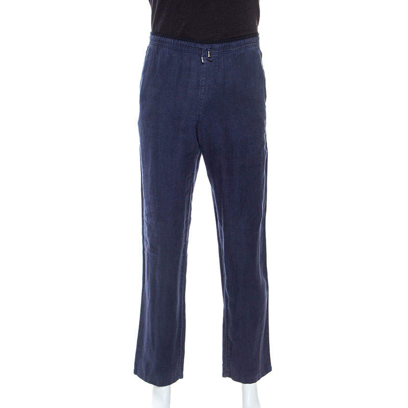 Z Zegna Blue Linen Drawstring Waist Relaxed Fit Trousers M