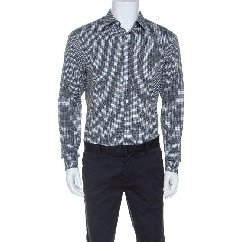 Pre Owned Z Zegna Monochrome Cotton Patterned Jacquard Slim Fit Shirt M