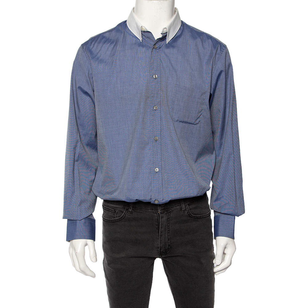 Z Zegna Blue Cotton Contrast Collar City Shirt L