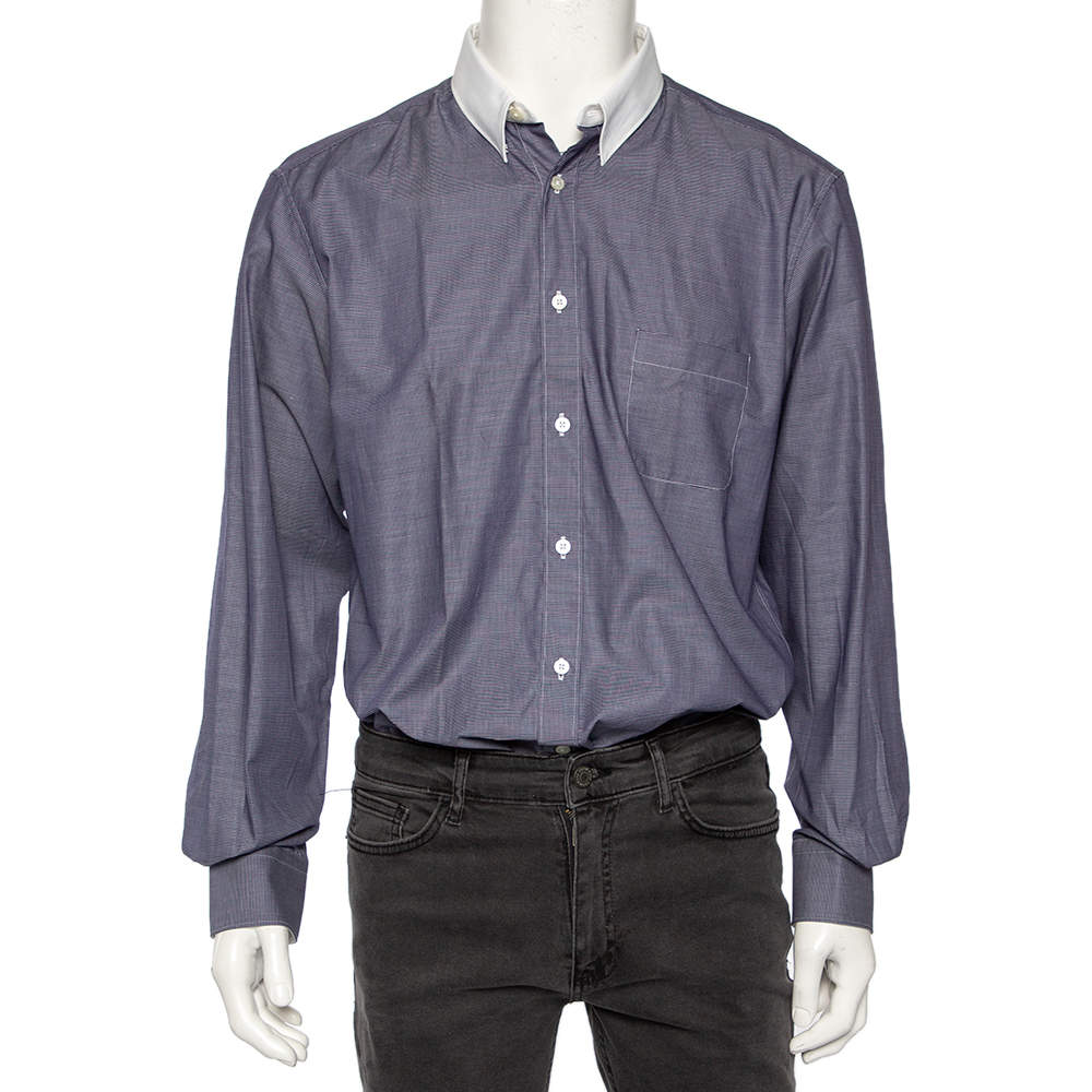 Pre Owned Z Zegna Ink Blue Cotton Contrast Collar City Shirt L