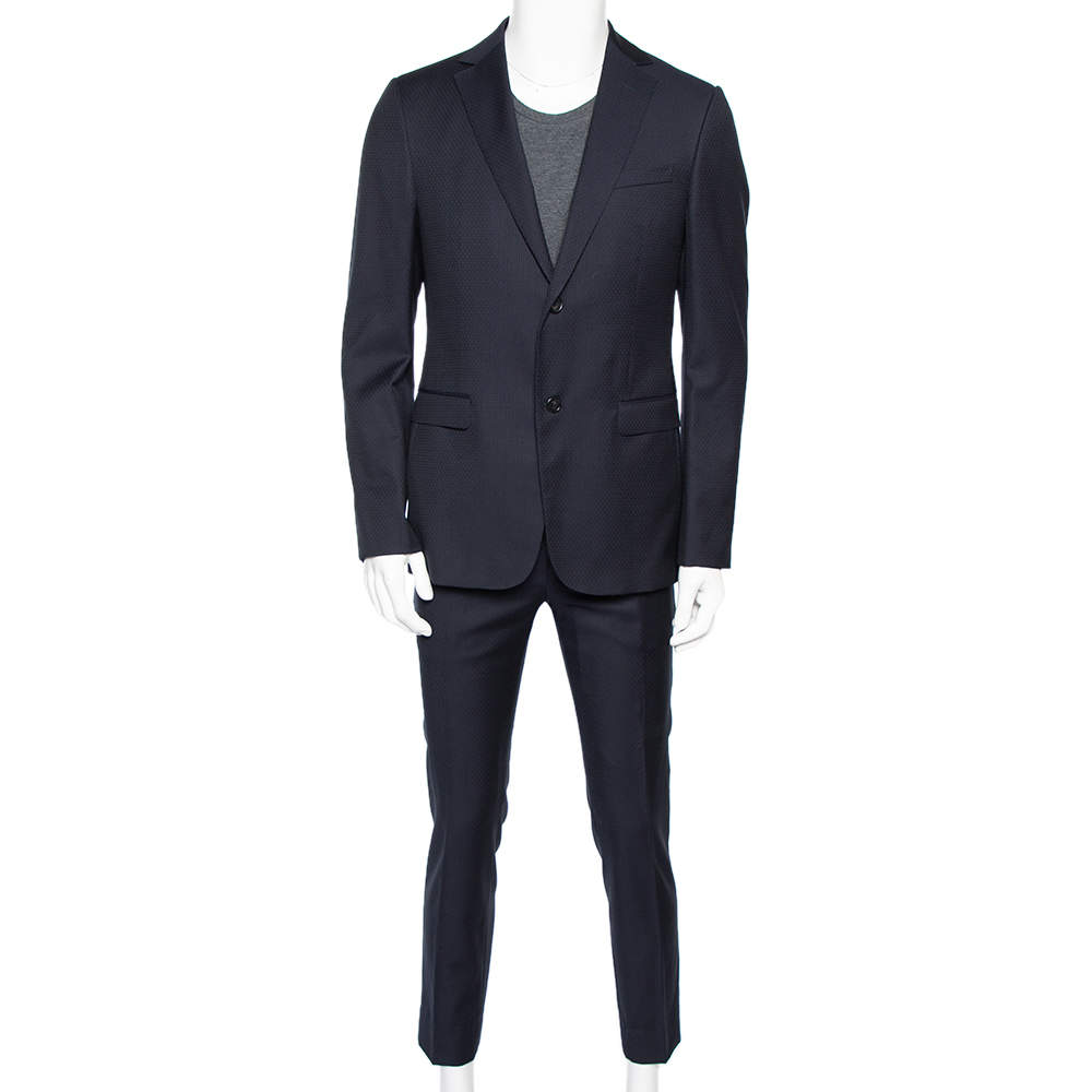 Z Zegna Nay Blue Patterned Wool Drop 8 Suit L