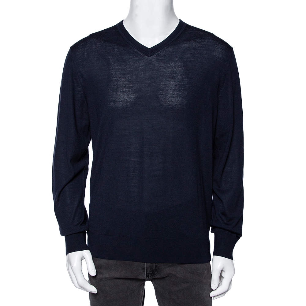 Z Zegna Navy Blue Wool V-Neck Long Sleeve Jumper L