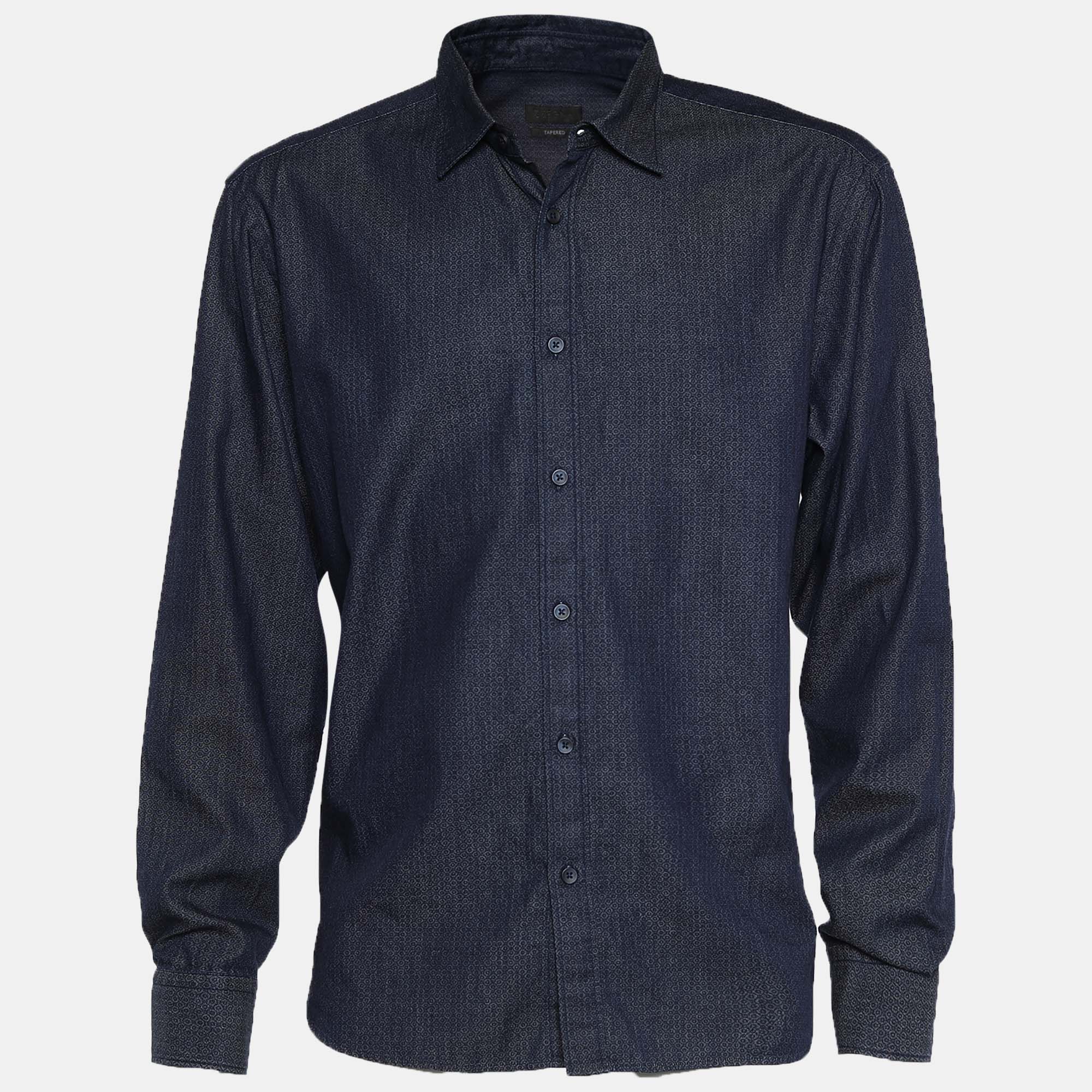 Z Zegna Blue Printed Cotton Long Sleeve Shirt XXL