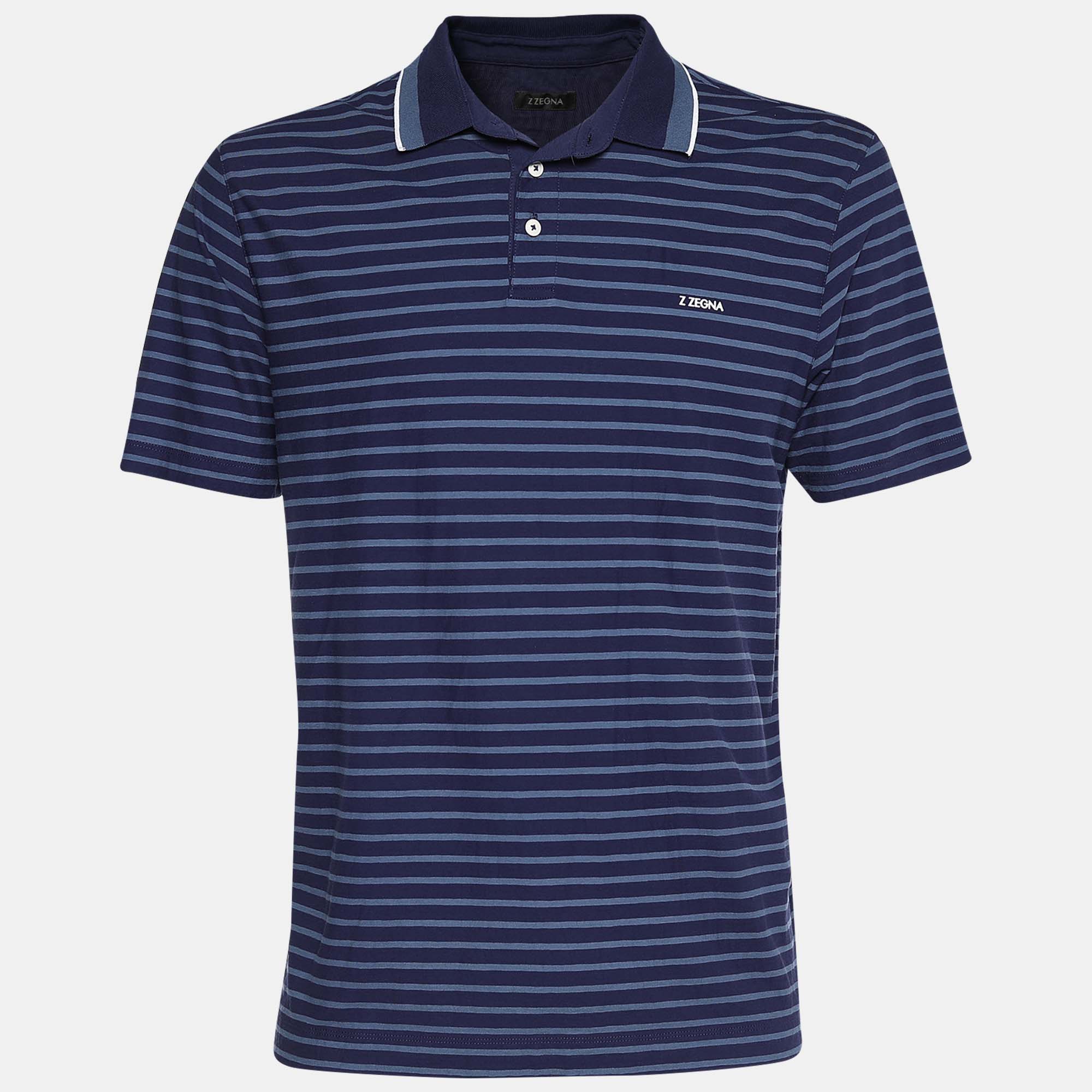 Z Zegna Blue Stripped Cotton Polo T-Shirt XL