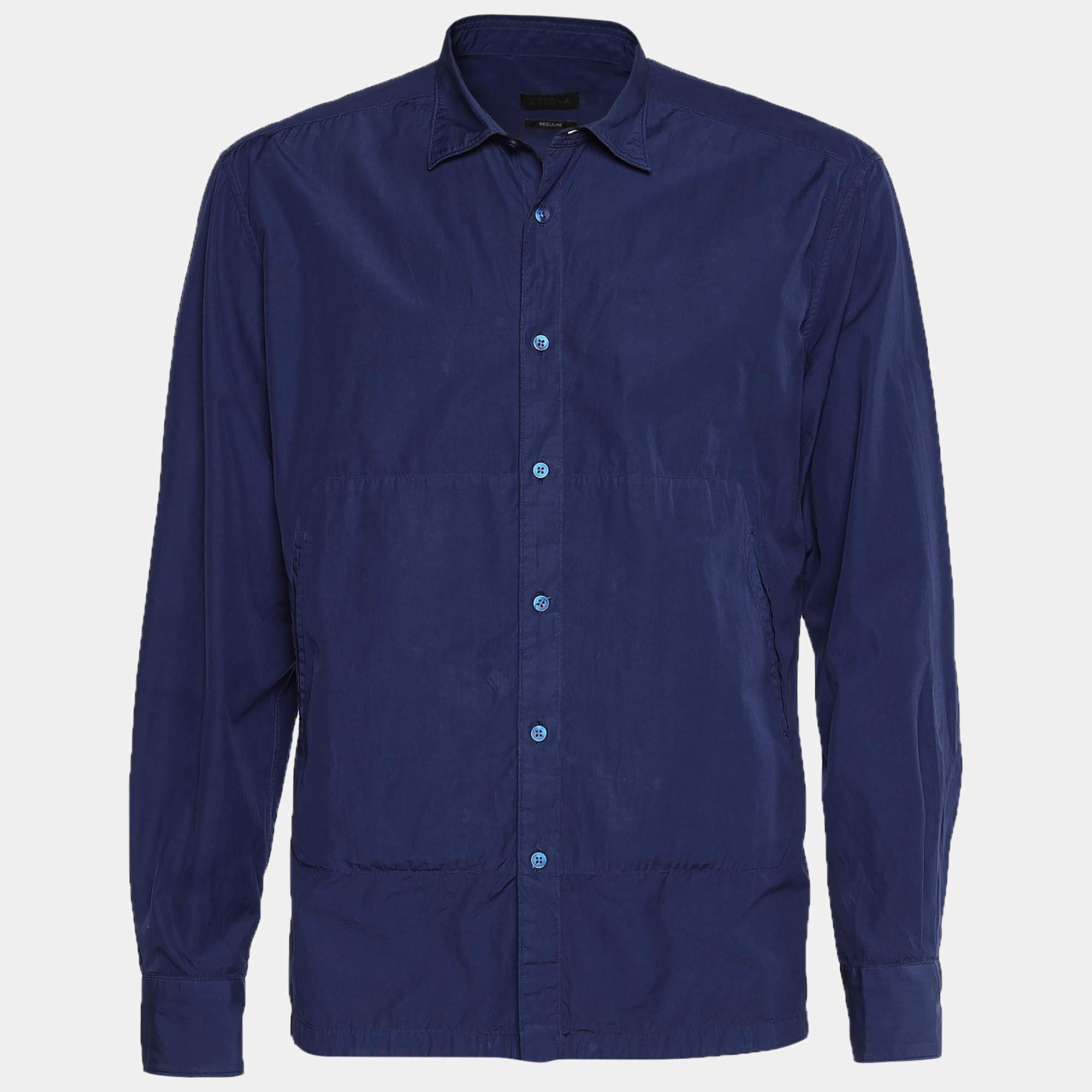 Pre Owned Z Zegna Blue Cotton Pocket Detail Regular Fit Shirt XXL