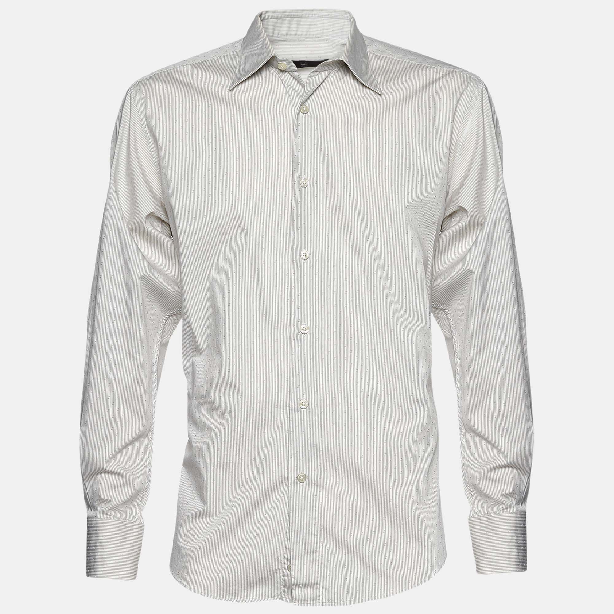 Pre Owned Z Zegna Beige Striped Embroidered Long Sleeve Shirt M
