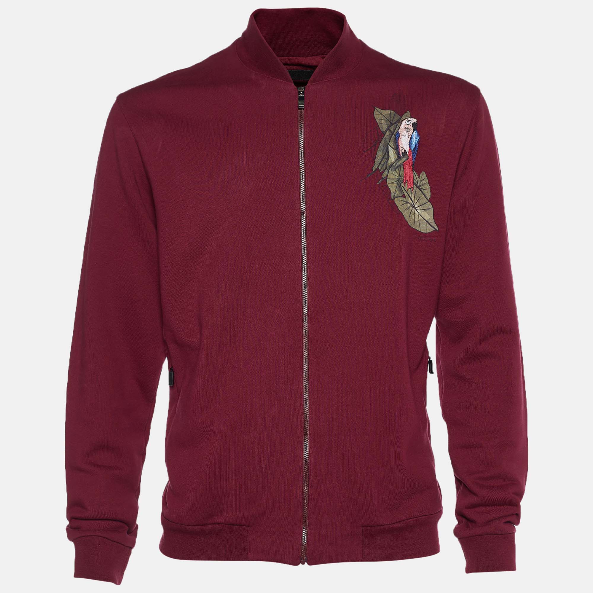 Z Zegna Red Cotton Bird Embroidered Zip Front Jacket XL