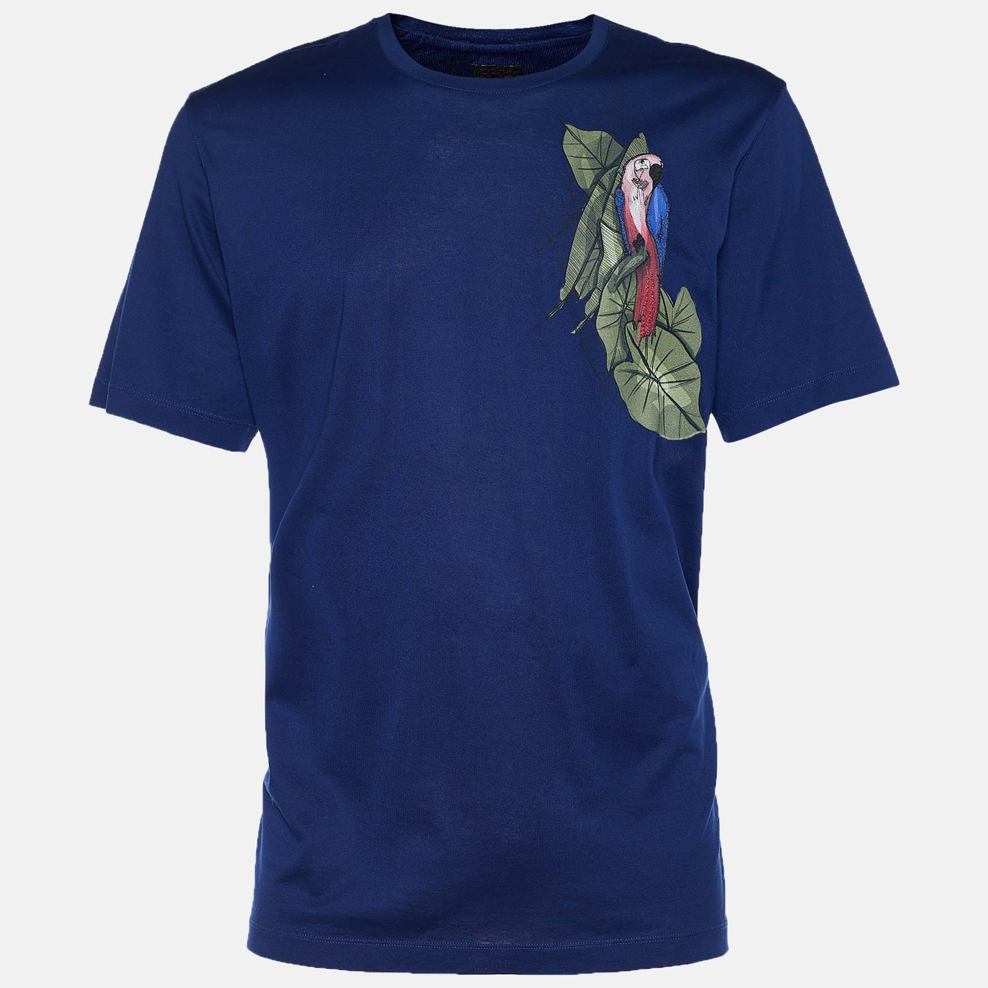 Z Zegna Blue Cotton Bird Embroidered Short Sleeve T-Shirt XL