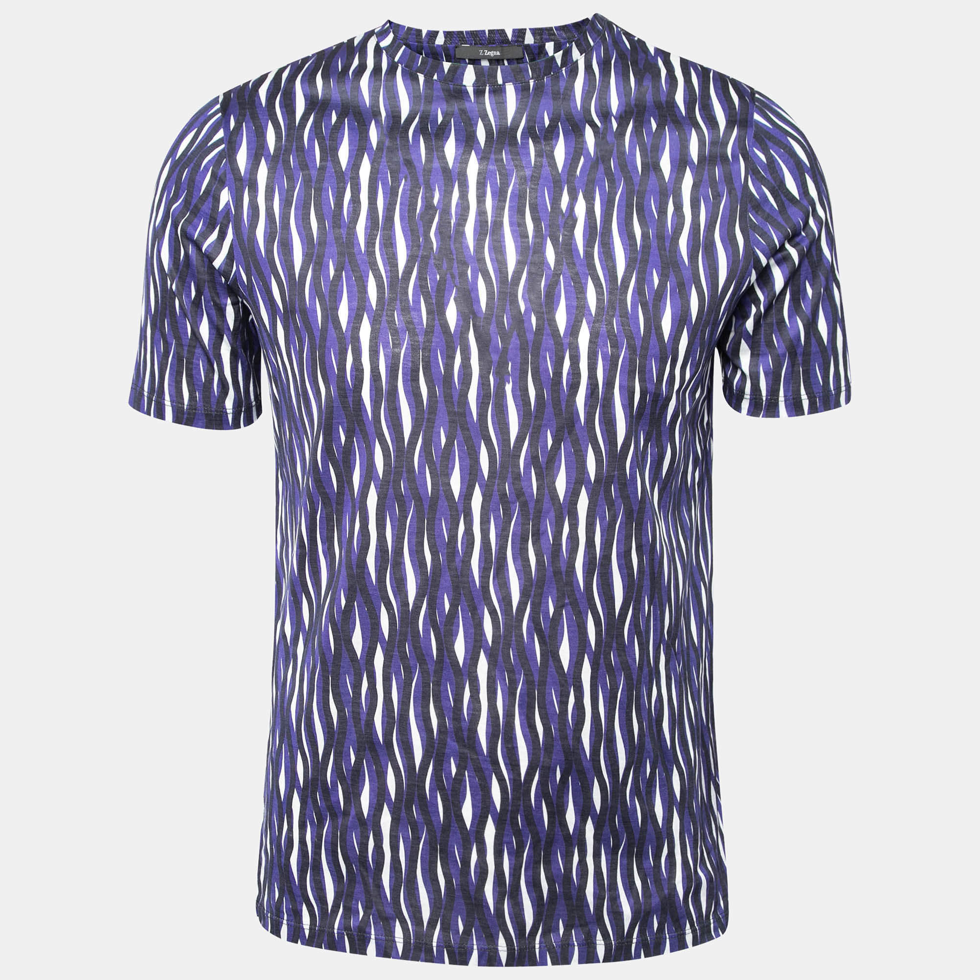 Pre Owned Z Zegna Purple Printed Cotton Short Sleeve Round Neck T-Shirt M