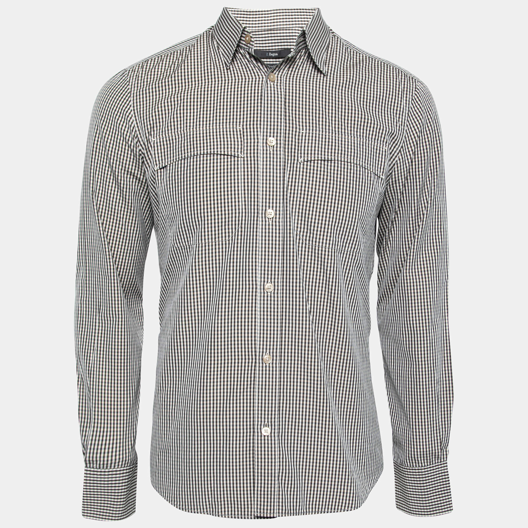 Z Zegna Brown Checkered Cotton Button-Front Shirt M   