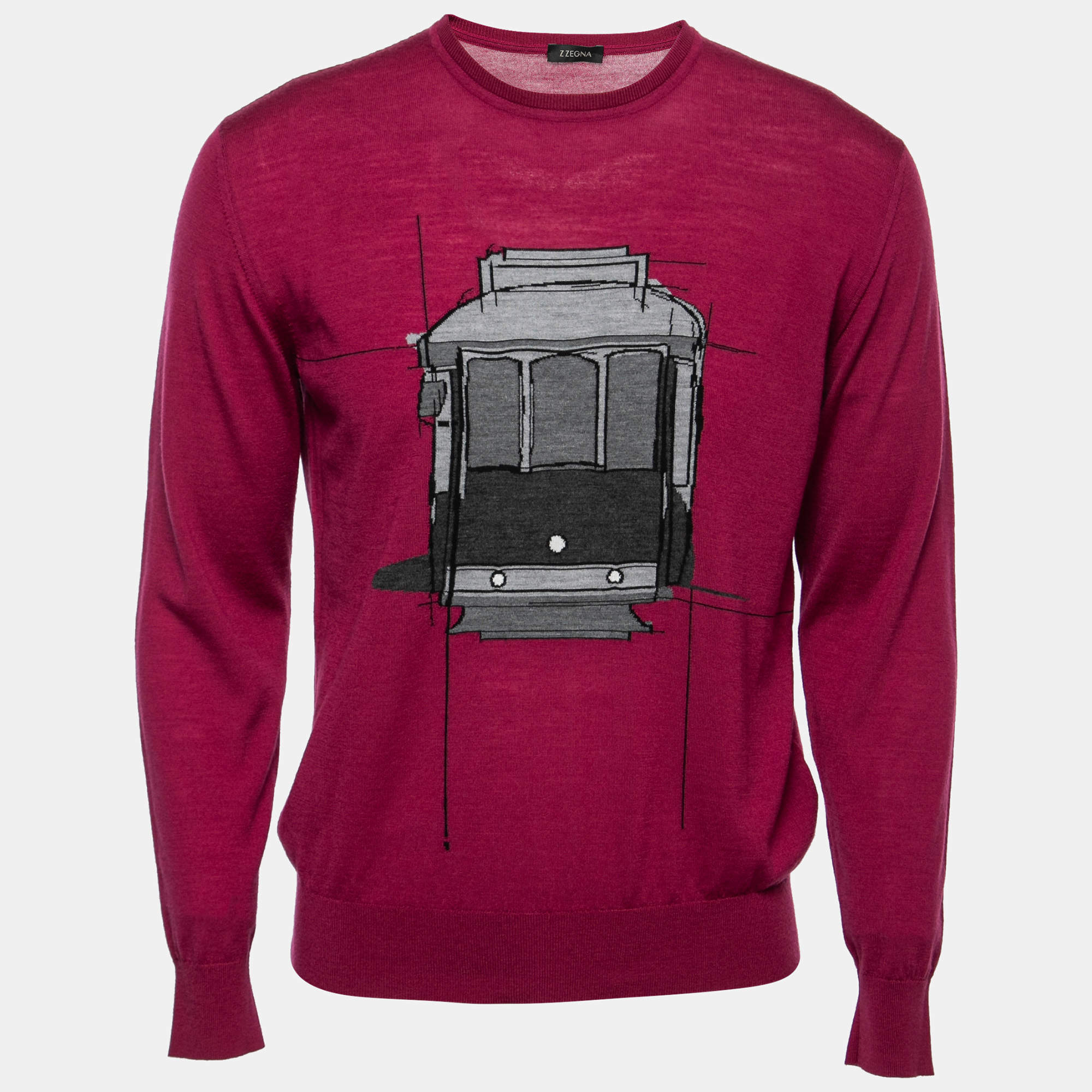 Z Zegna Purple Train Print Wool Crewneck Sweater M