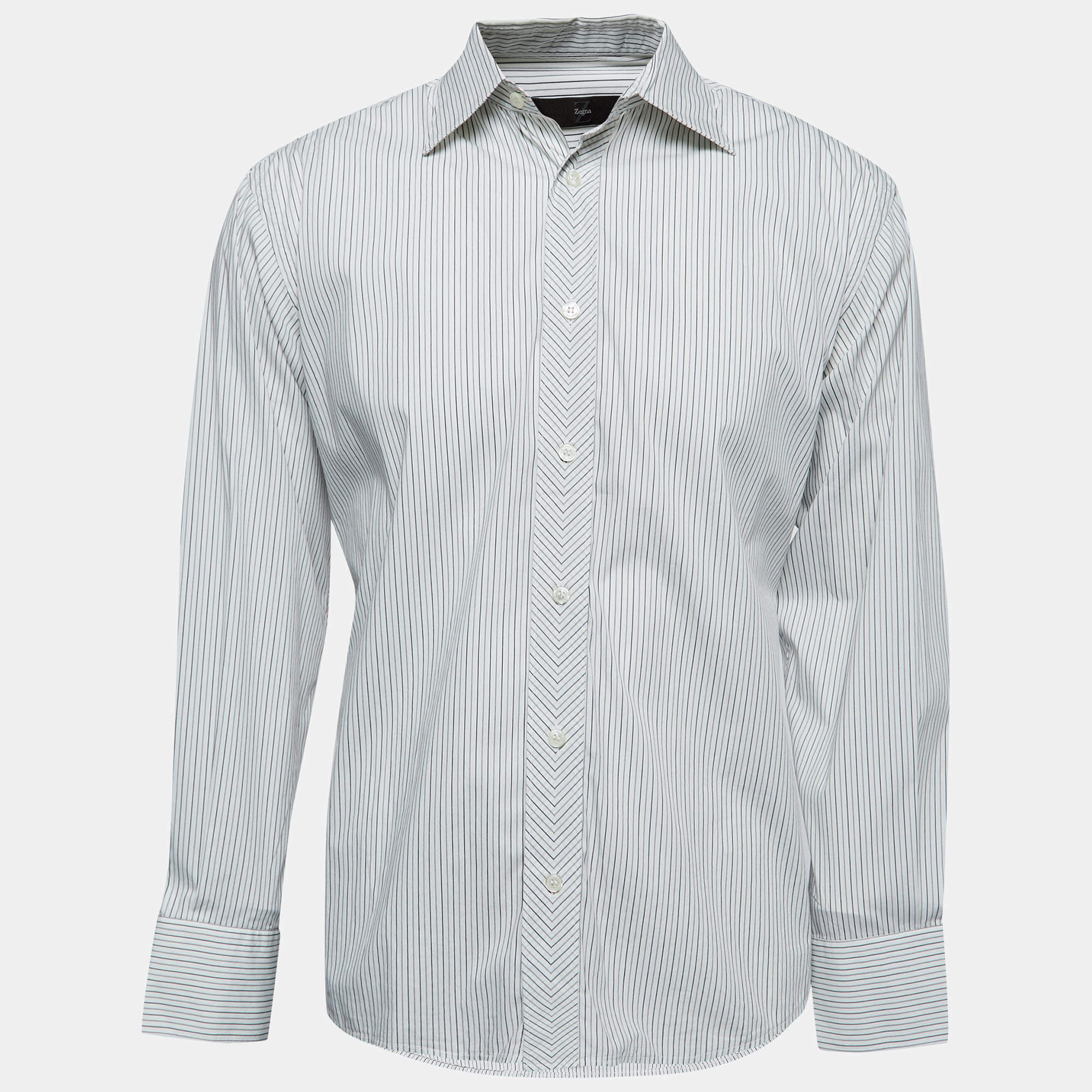 Z Zegna White Striped Stretch Cotton Button Front Shirt XL