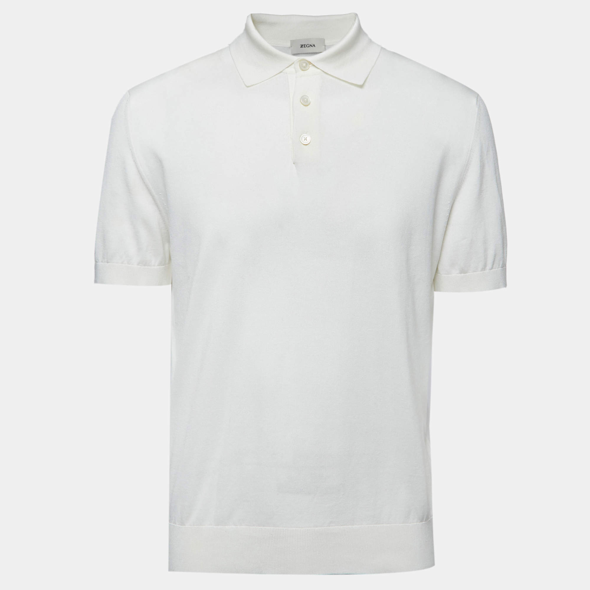 Z Zegna White Cotton Knit Polo T-Shirt L