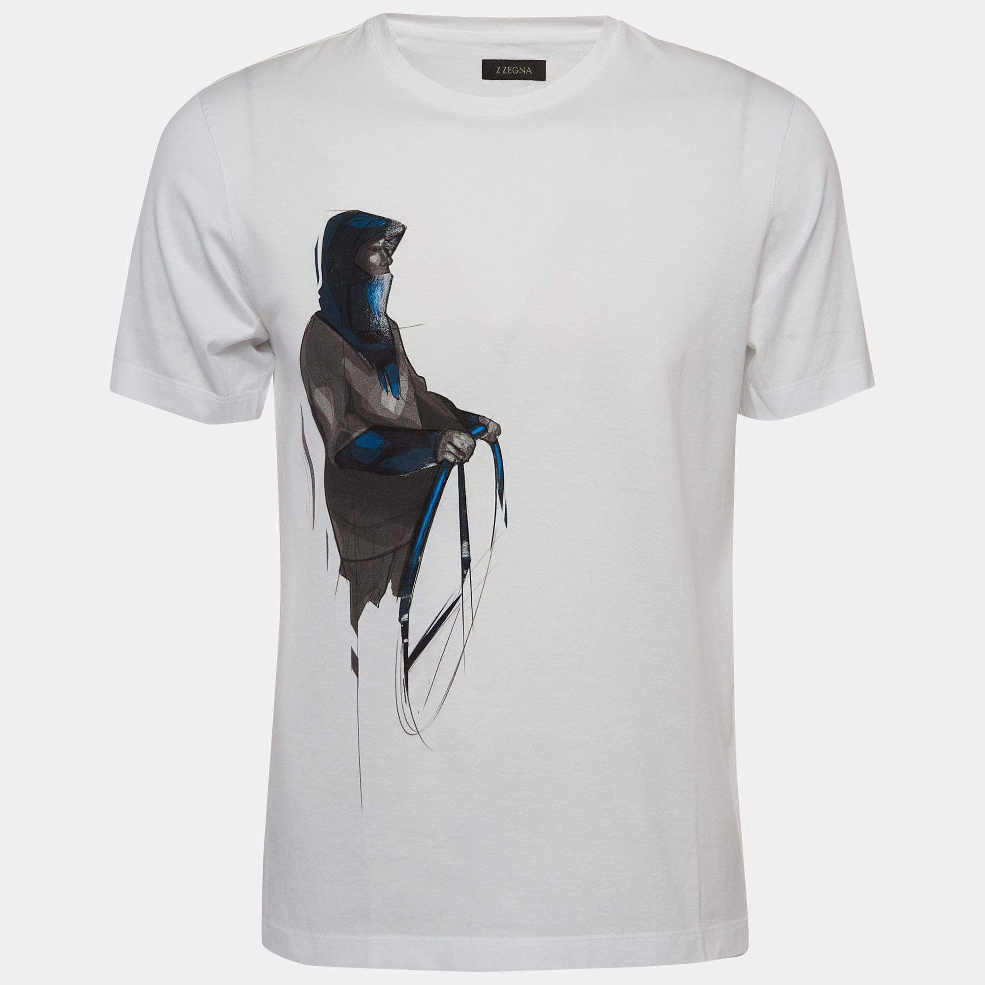 Pre Owned Z Zegna White Graphic Print Cotton Crew Neck T-Shirt M