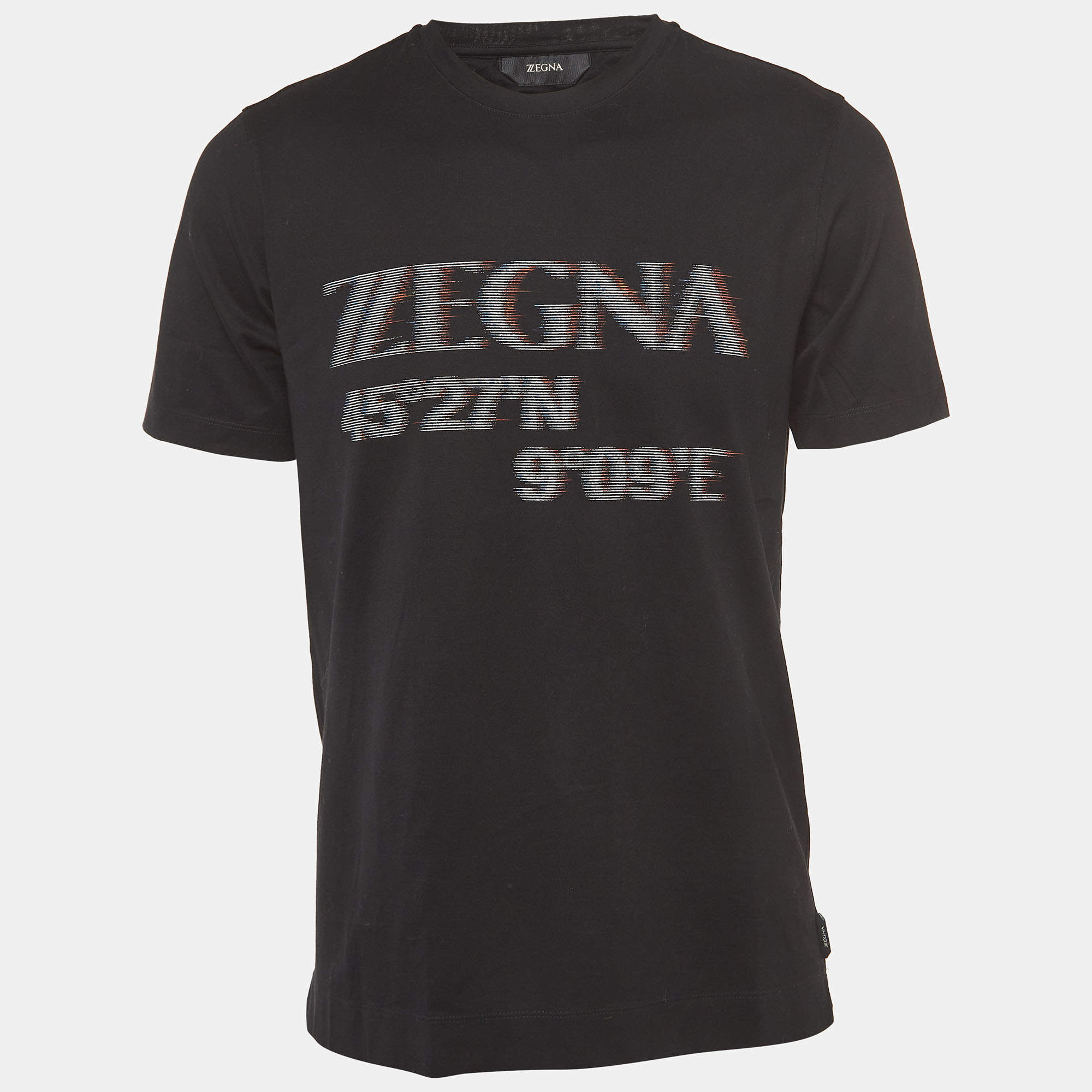 Pre Owned Z Zegna Black Logo Print Cotton Crew Neck T-Shirt M