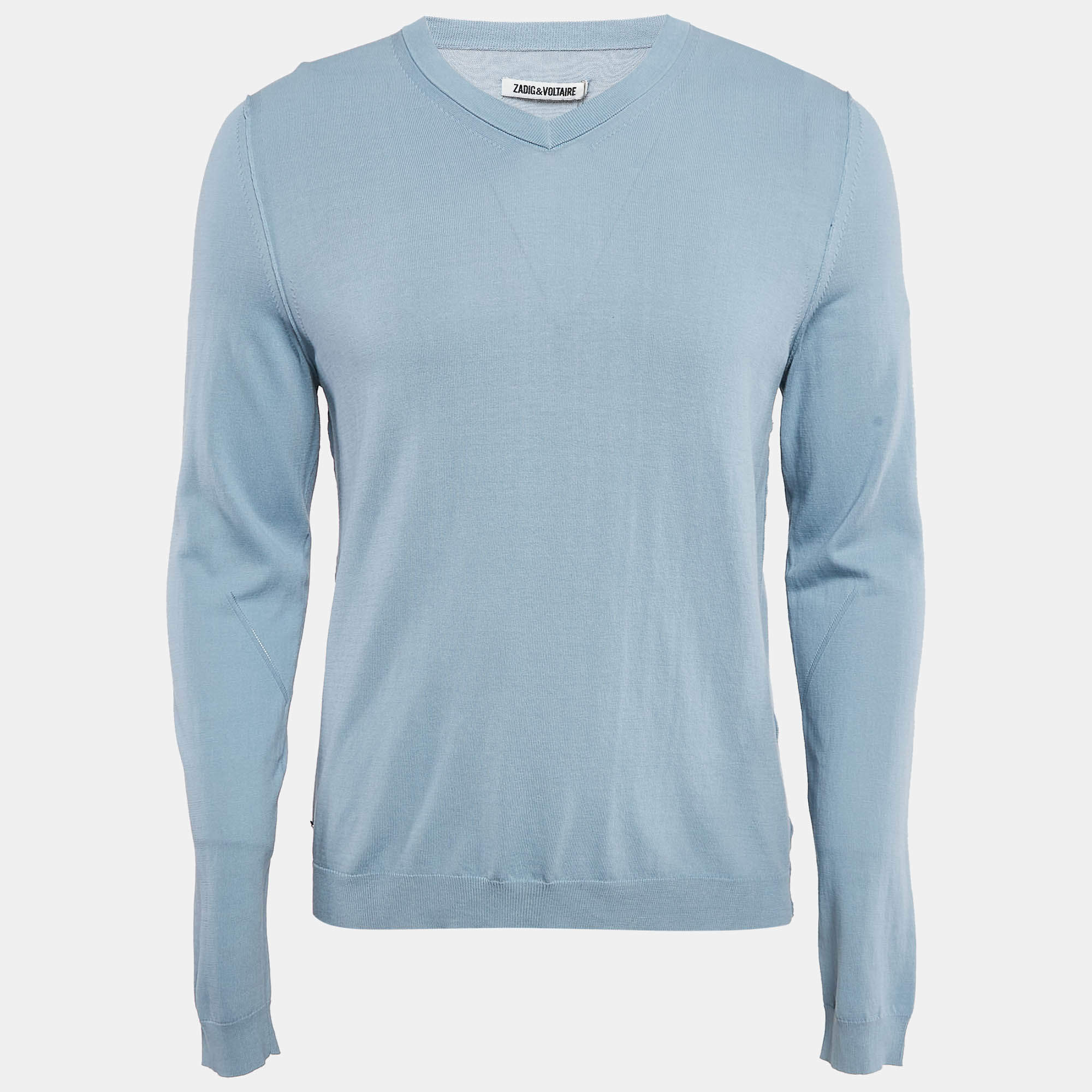 Pre Owned Zadig & Voltaire Blue Cotton Knit V-Neck Keddy Sweatshirt S
