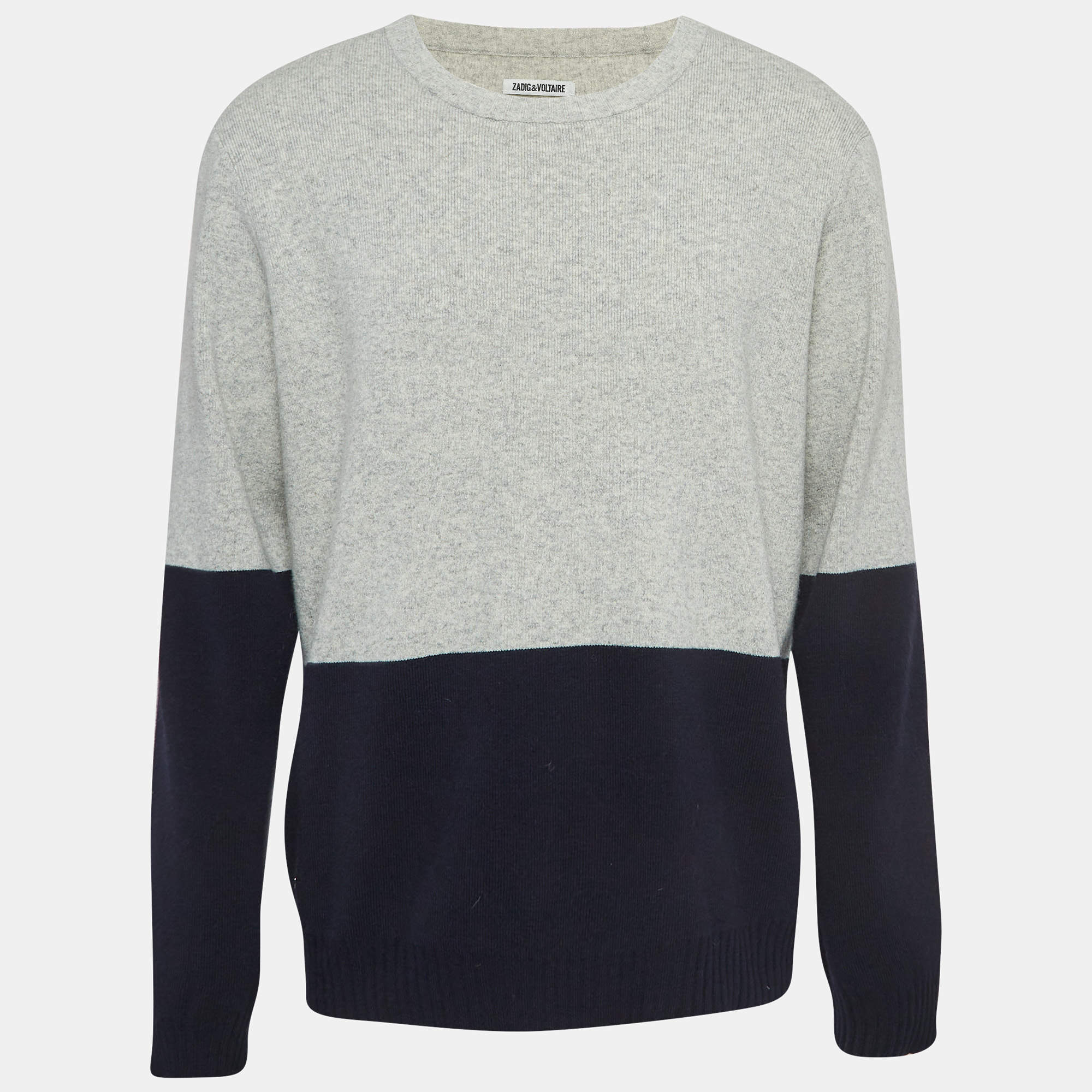 Zadig & Voltaire Grey/Navy Blue Wool Rib Knit Crew Neck Sweater XL   